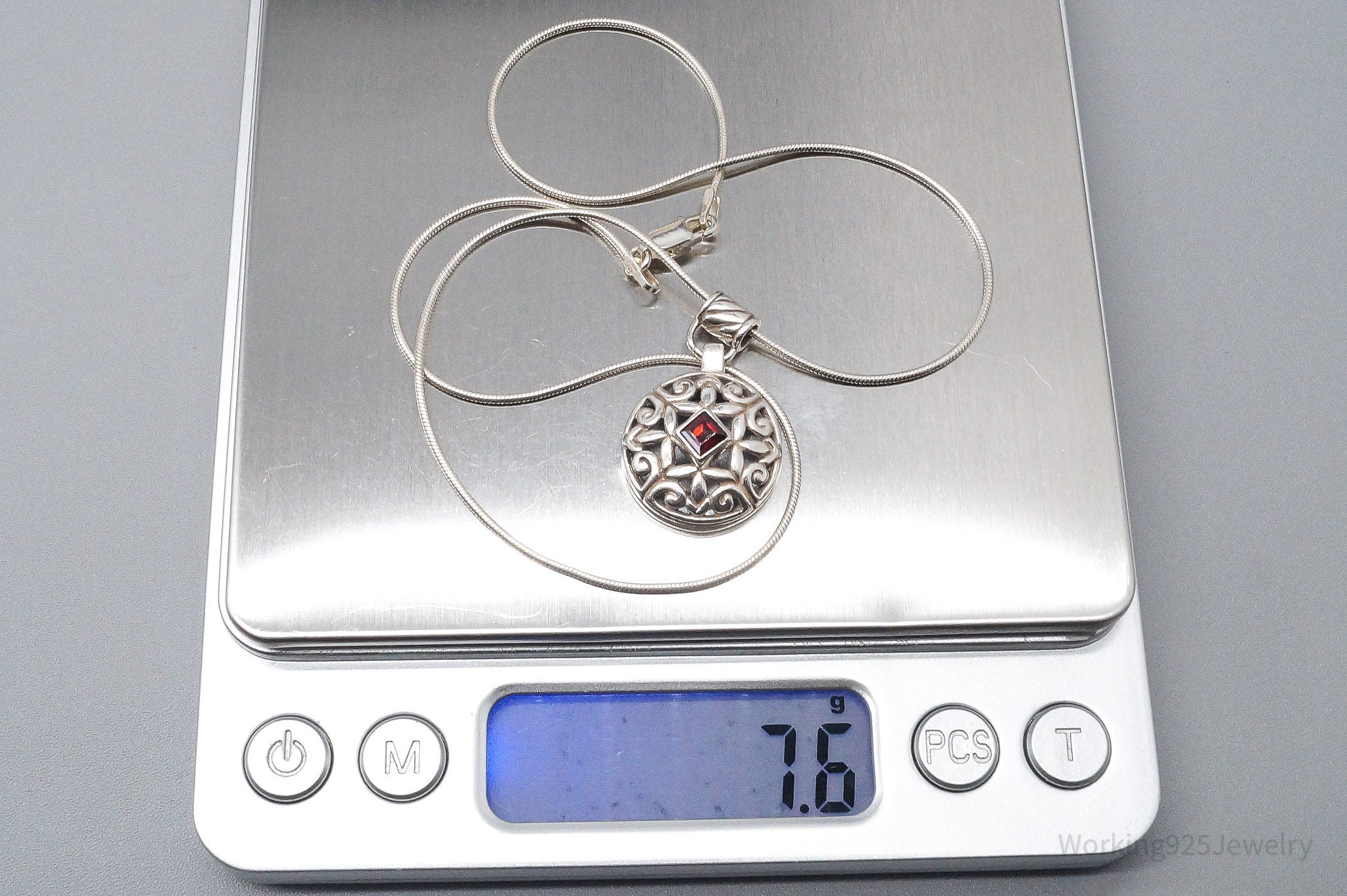 Vintage Garnet Art Deco Style Sterling Silver Necklace 16"