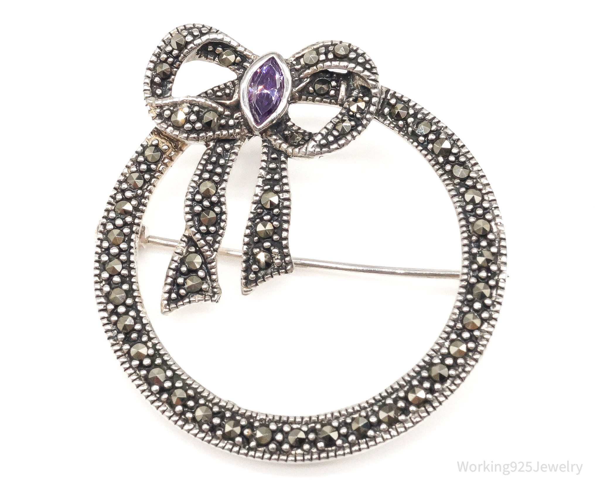Vintage Amethyst Marcasite Bow Tie Wreath Sterling Silver Brooch Pin