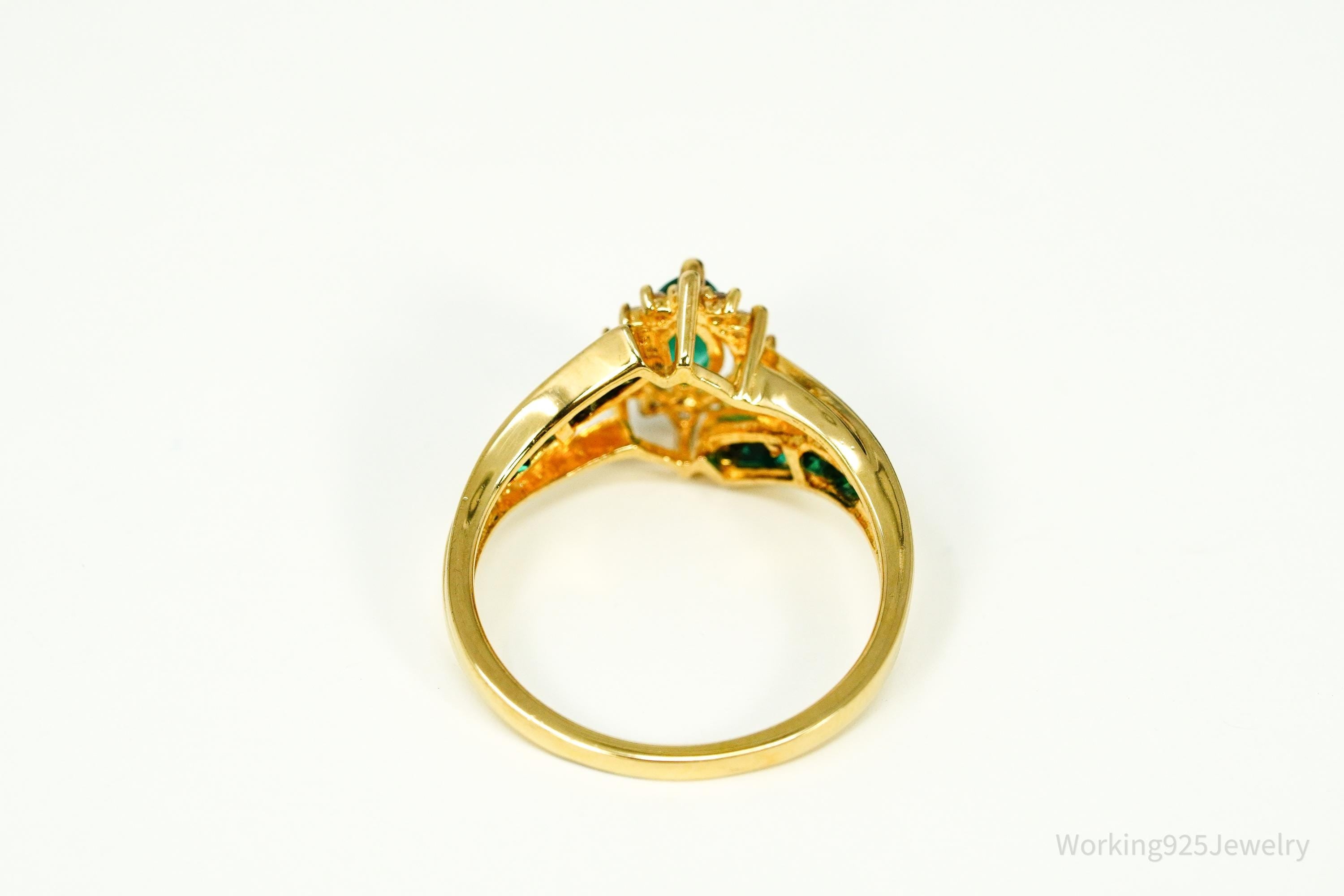 Vintage Emerald & White Sapphire Gold Vermeil Sterling Silver Ring - Size 7.25