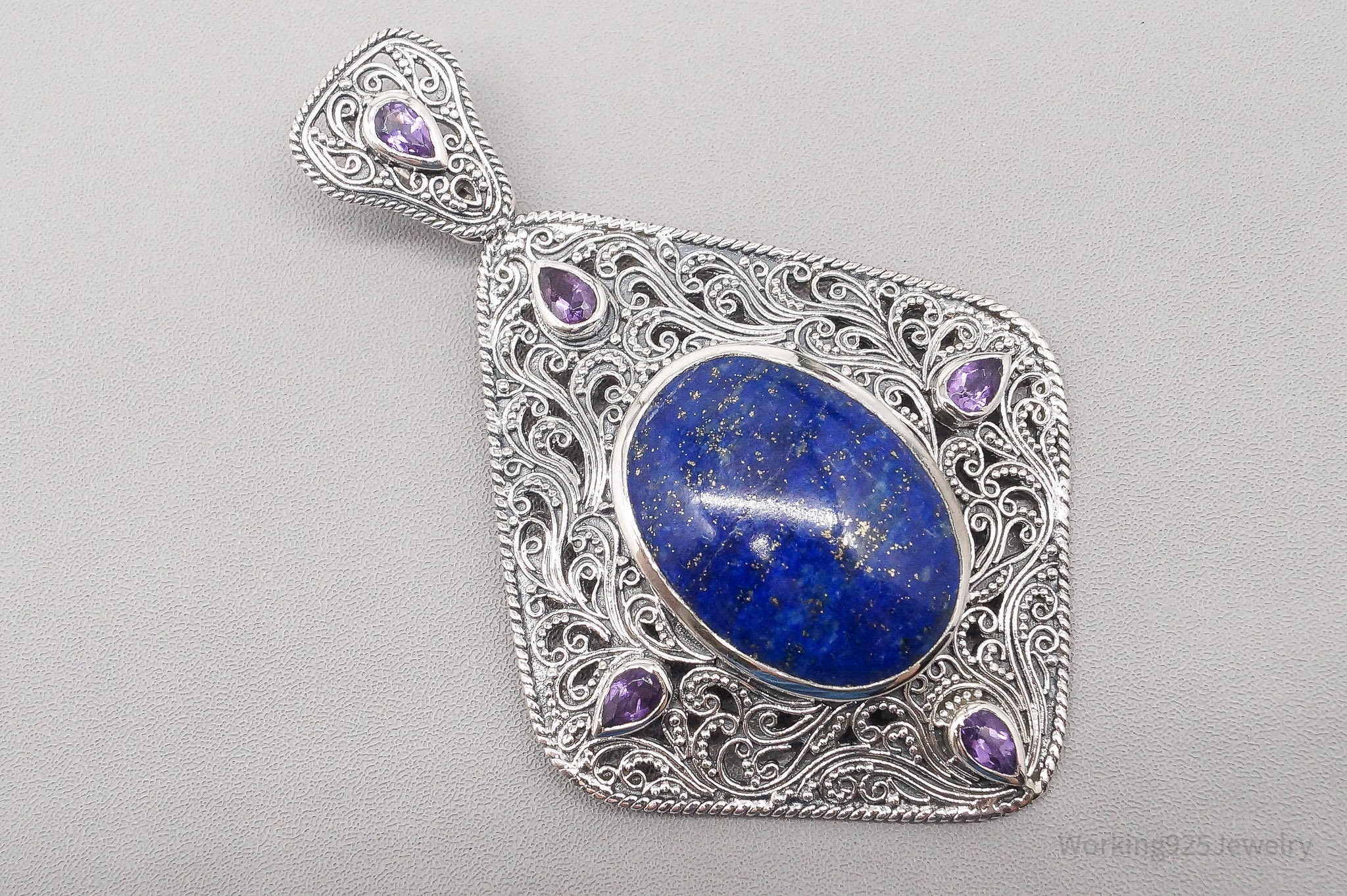 Vintage TGGC Large Lapis Lazuli Amethyst Filigree Sterling Silver Pendant