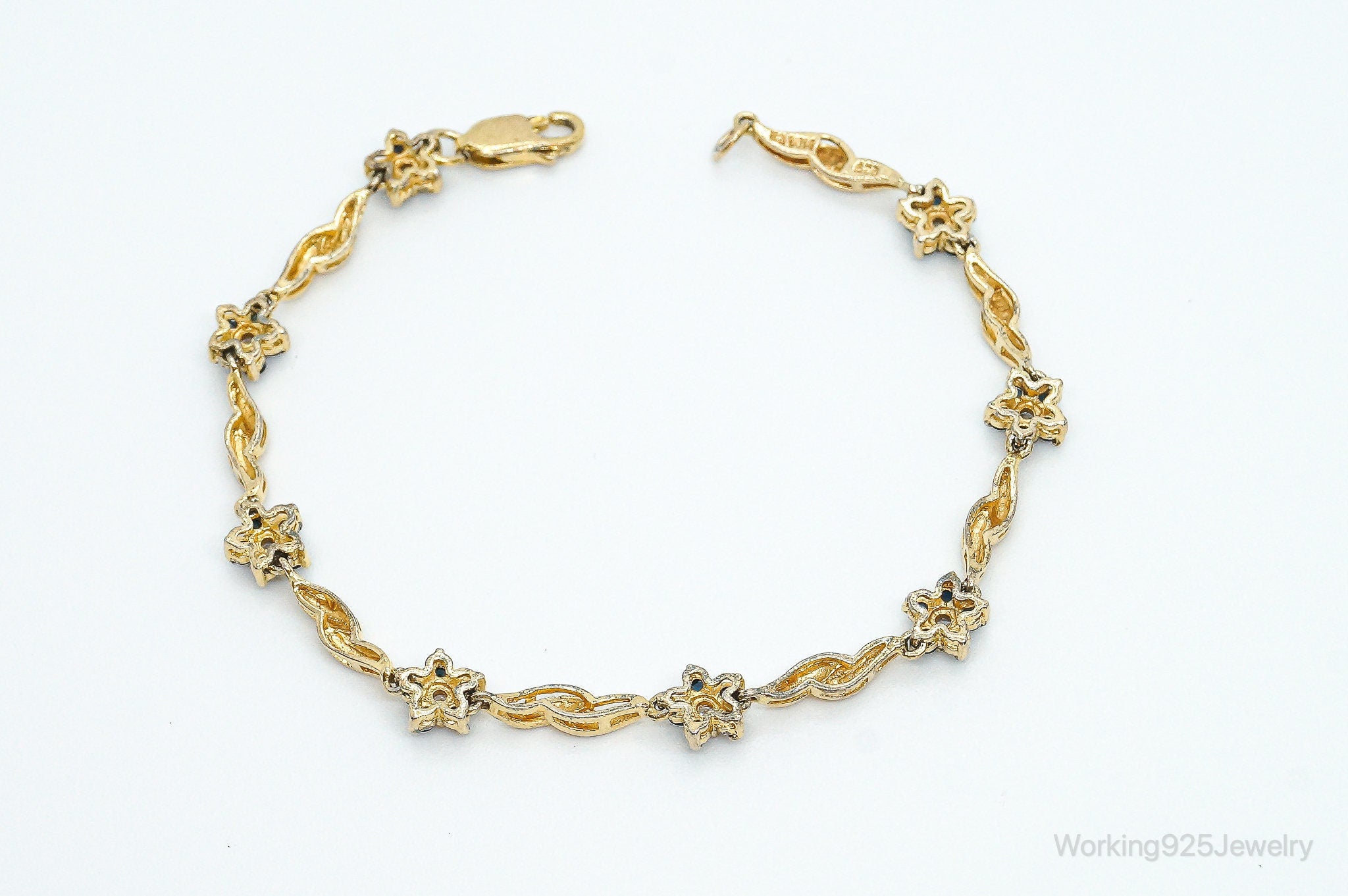 Vintage Sapphire Cubic Zirconia Gold Vermeil Sterling Silver Tennis Bracelet