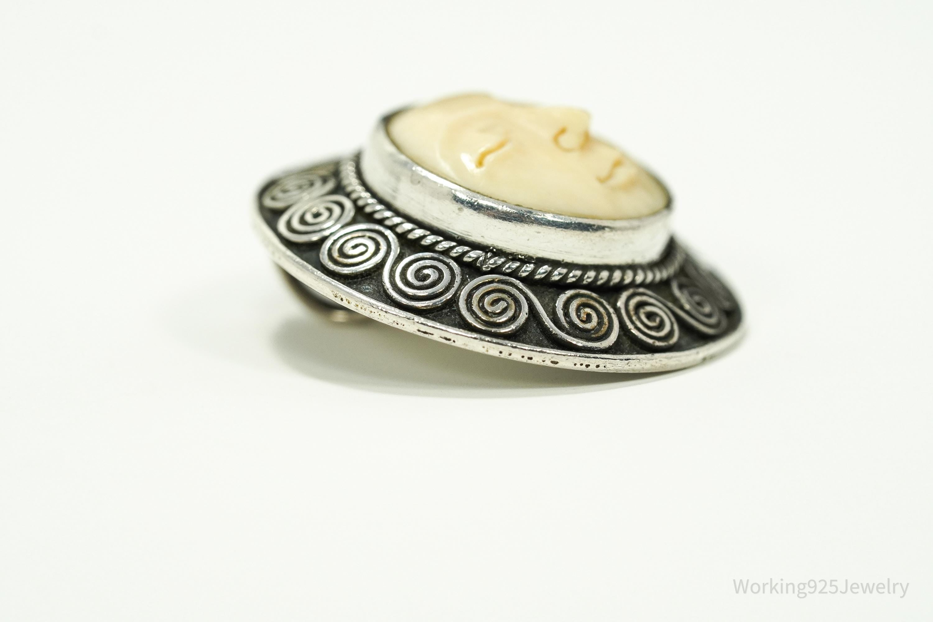 Vintage Carved Sleeping Moon Face Sterling Silver Pendant