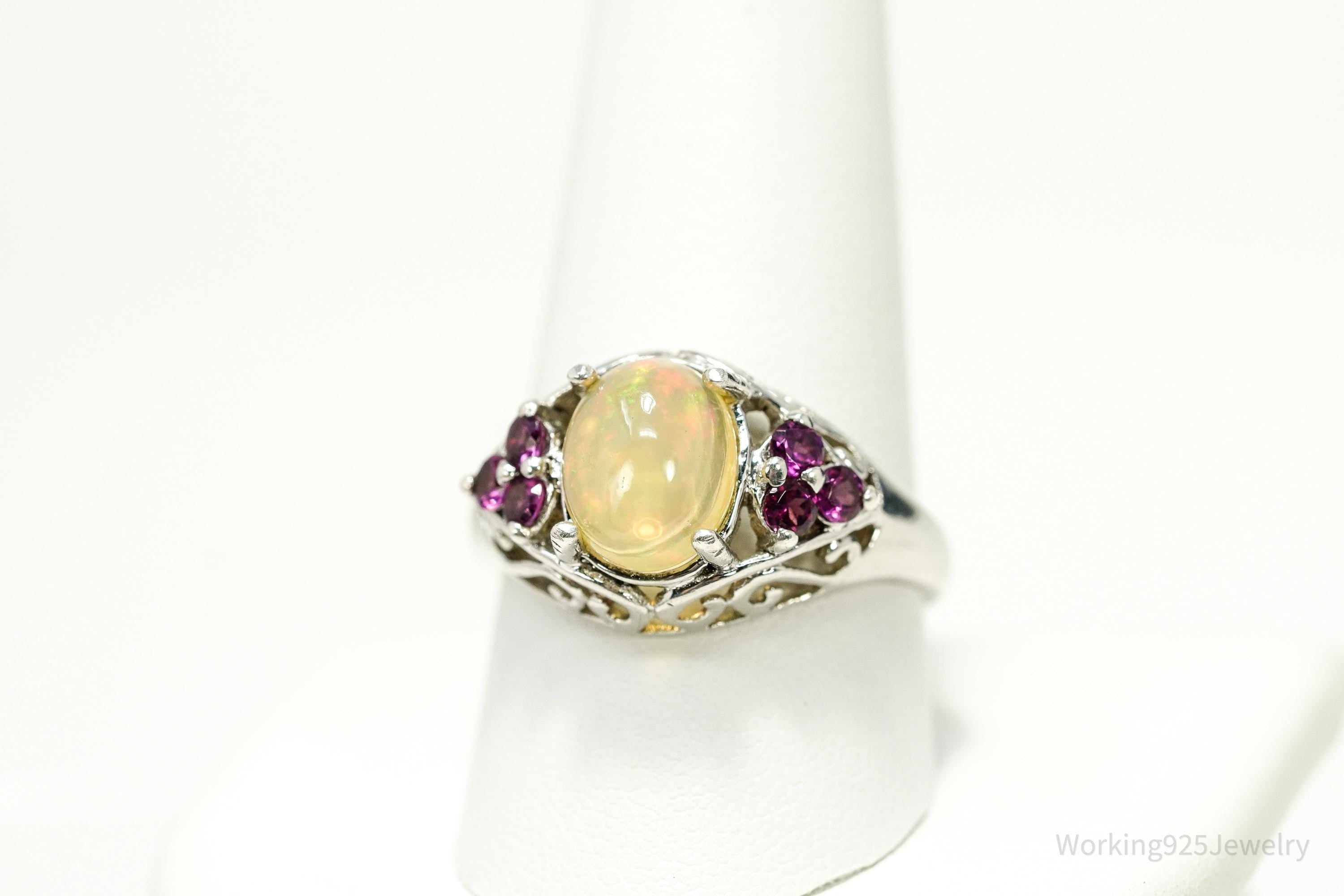 Vintage Ethiopian Opal & Rhodolite Garnet Sterling Silver Ring - Size 10