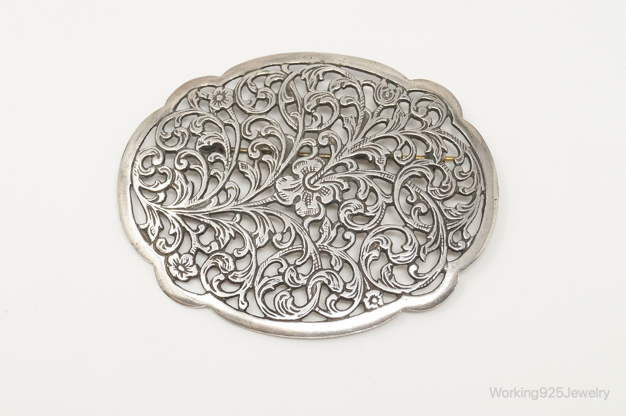 Vintage Art Nouveau Style Motif Floral Sterling Silver Brooch Pin