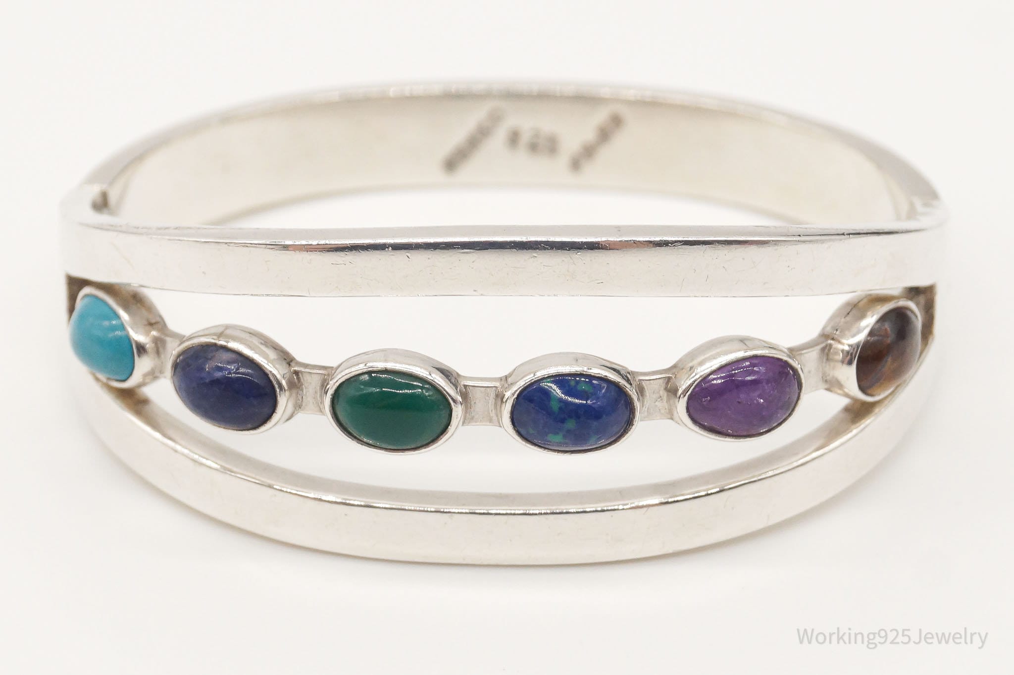 Vintage Mexico Multi Gemstone Sterling Silver Bracelet - Pressure Release Clasp