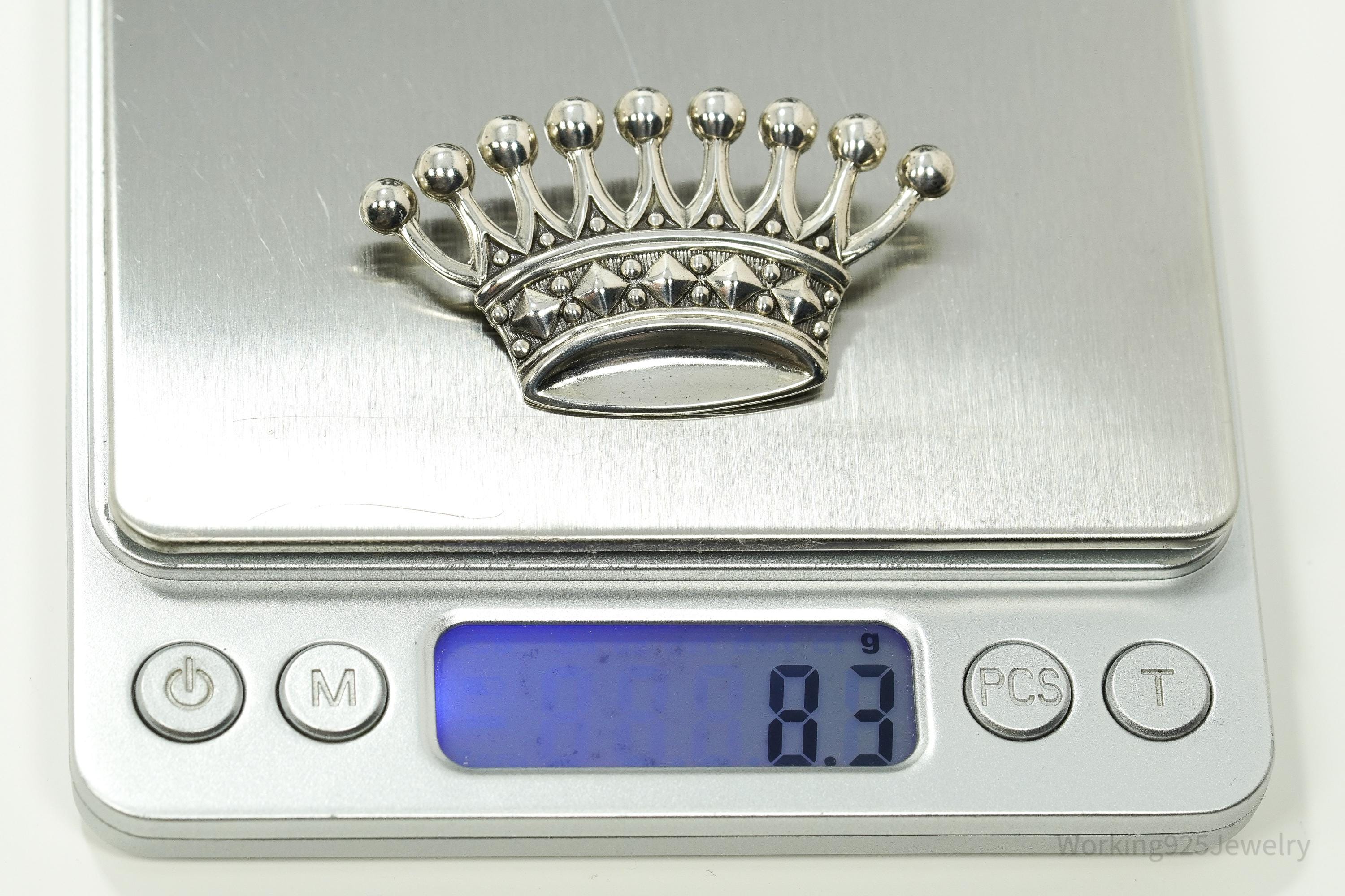 Large Antique Crown Sterling Silver Brooch Pin