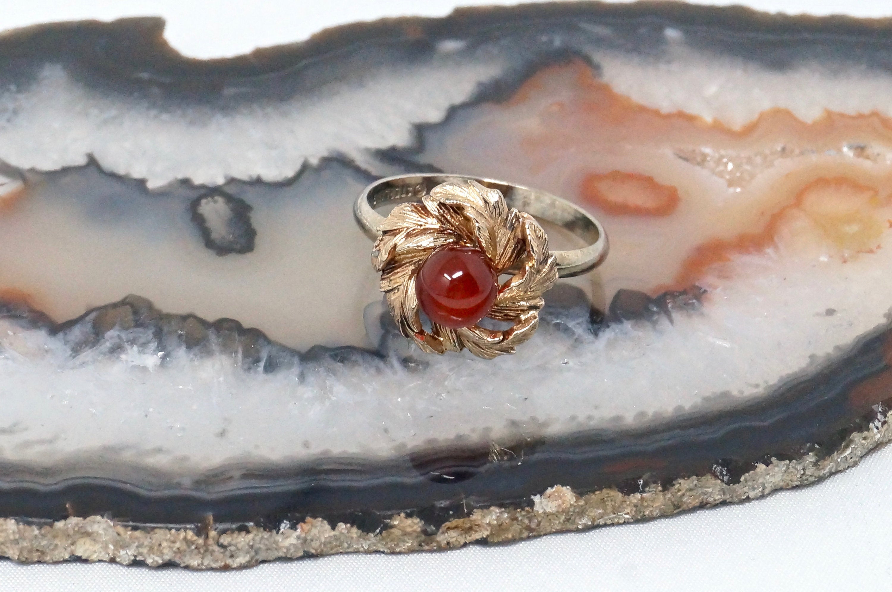 Vtg Early 1900s Style Carnelian Gold Flower Sterling Silver Adjustable Ring Sz 7