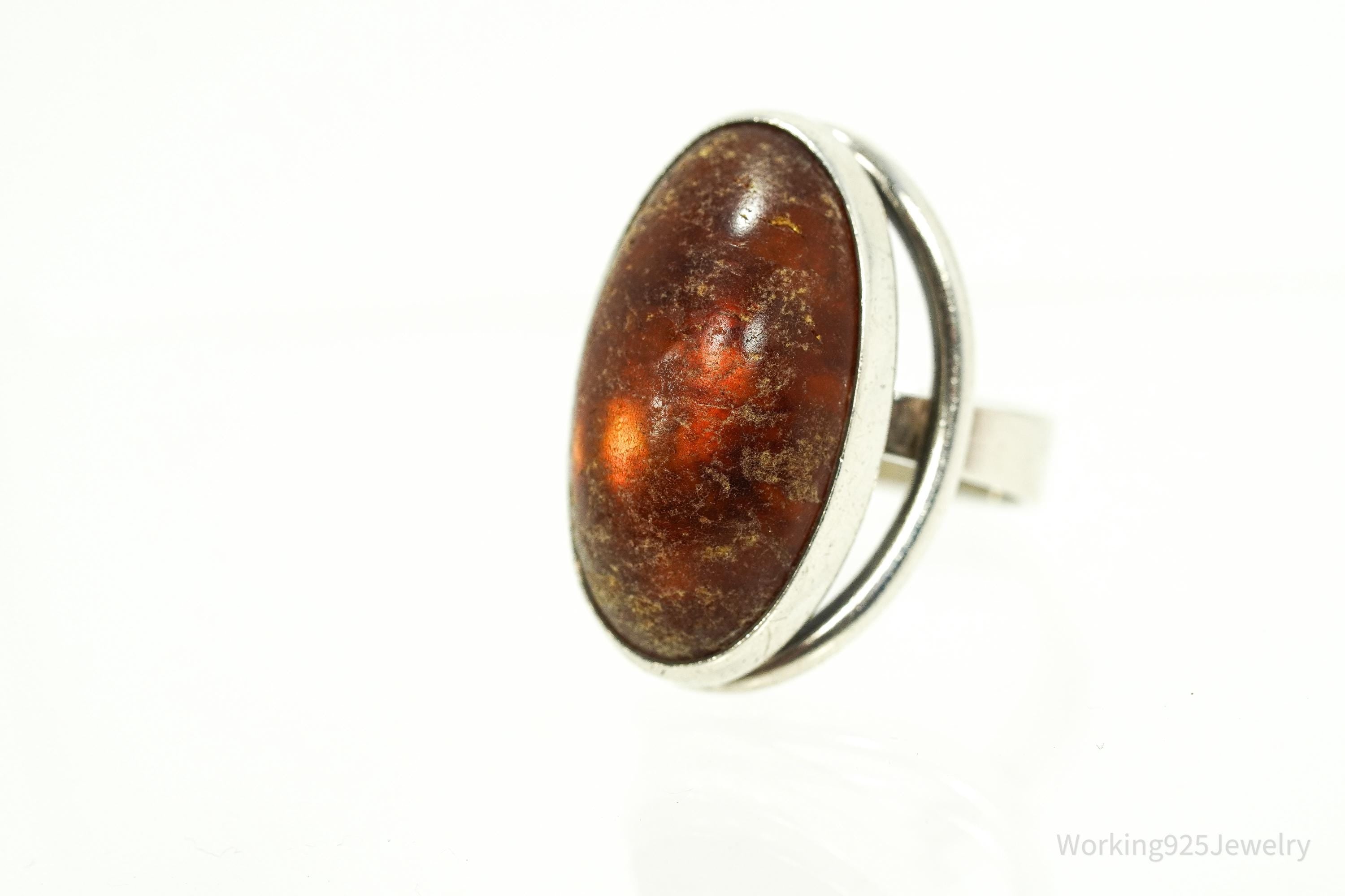 Rare Vintage 1950s Denmark Modernist Niels Erik Amber Sterling Silver Ring - Size 6.25