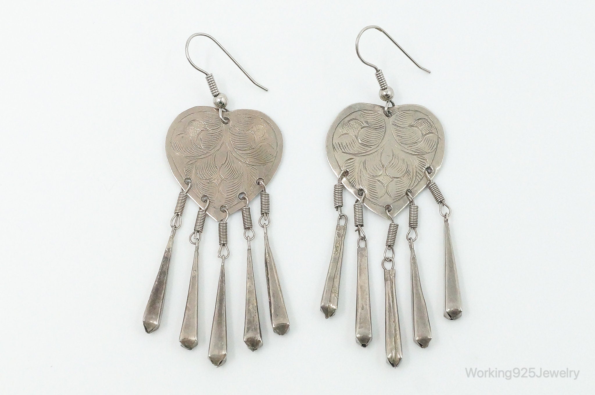 VTG ATQ Etched Hearts Sterling Silver Earrings