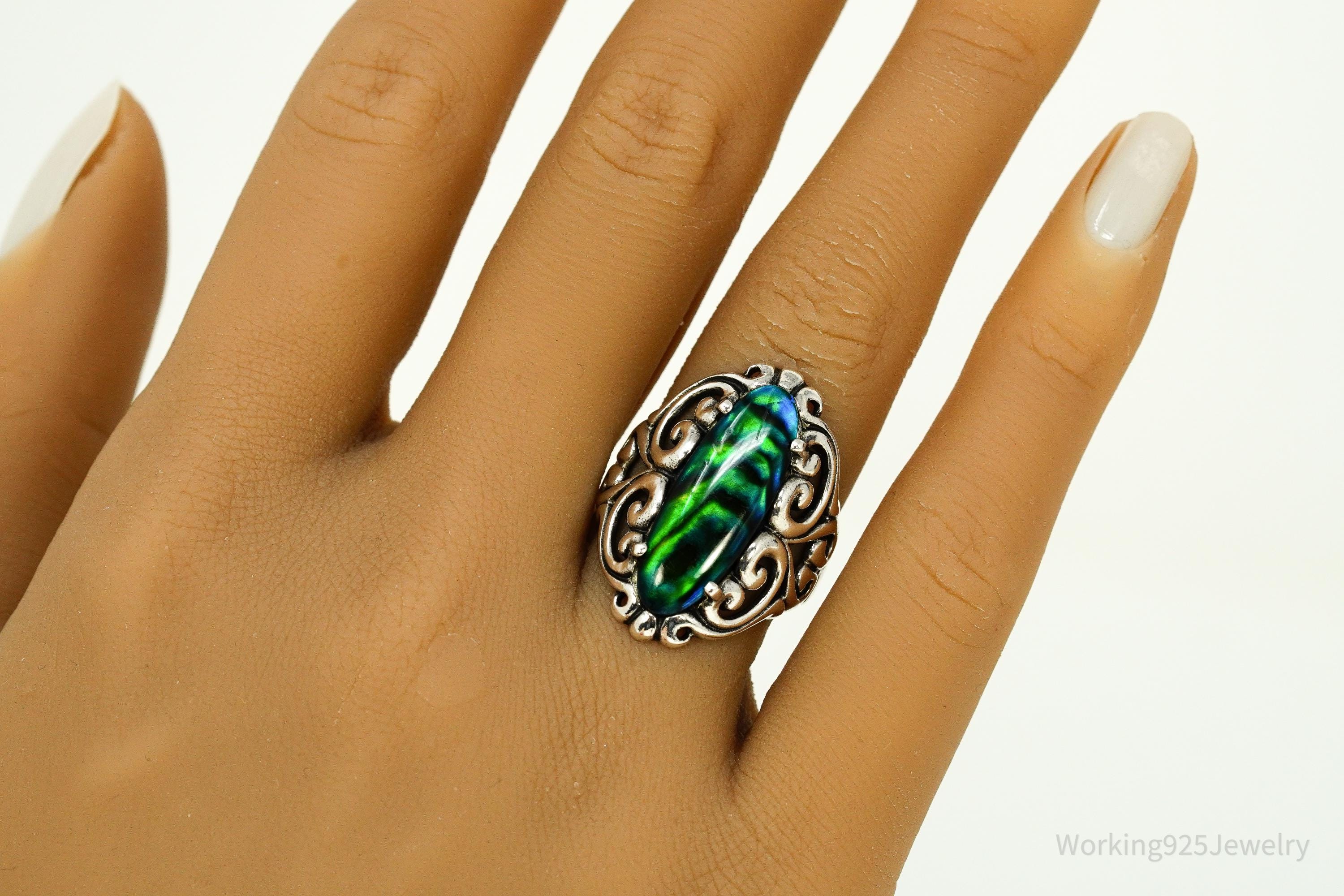 Vintage Designer Kabana Abalone Paua Shell Sterling Silver Ring - Size 7
