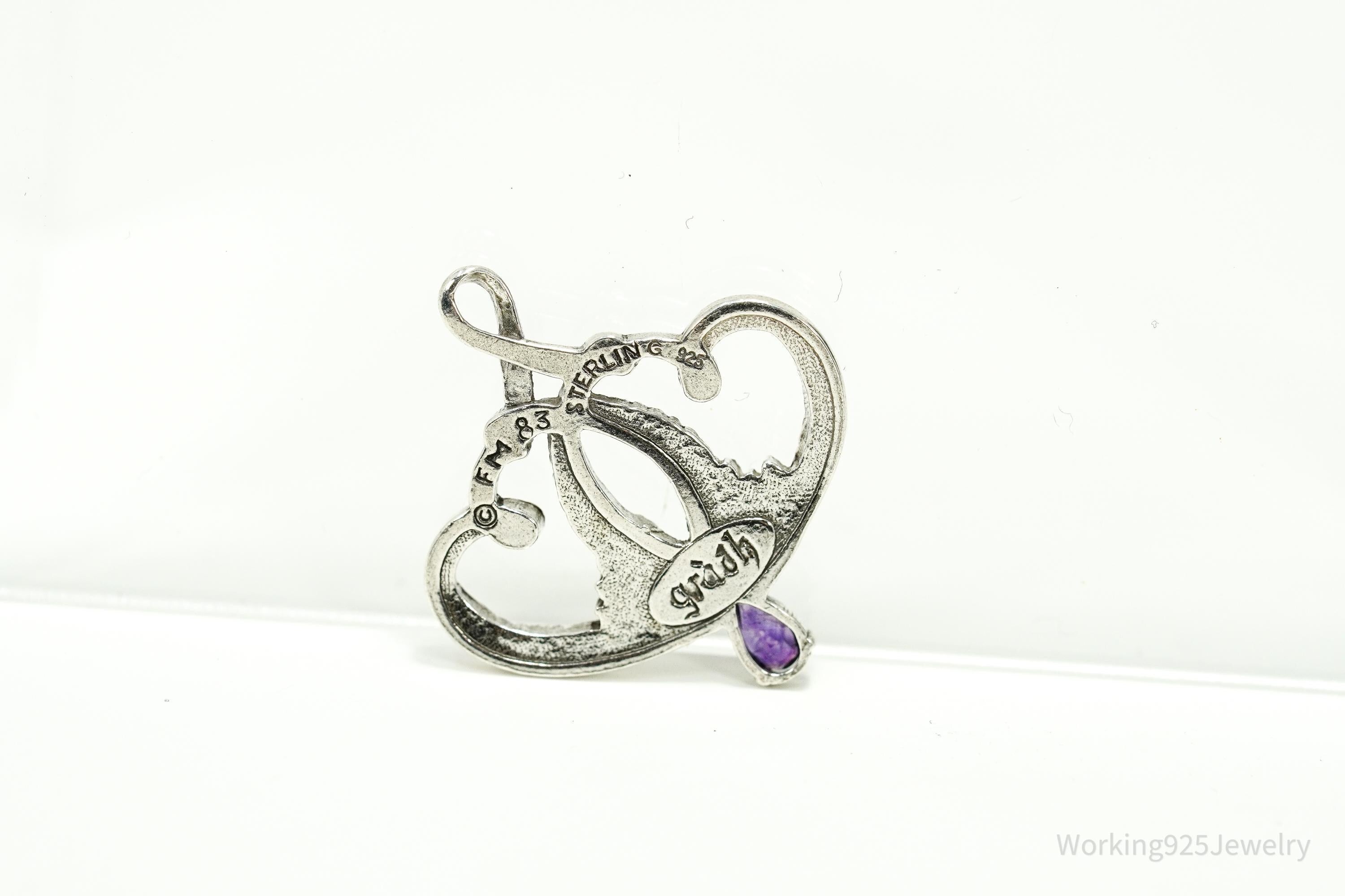 Vintage 1893 GRADH Franklin Mint Double Heart Amethyst Sterling Silver Pendant