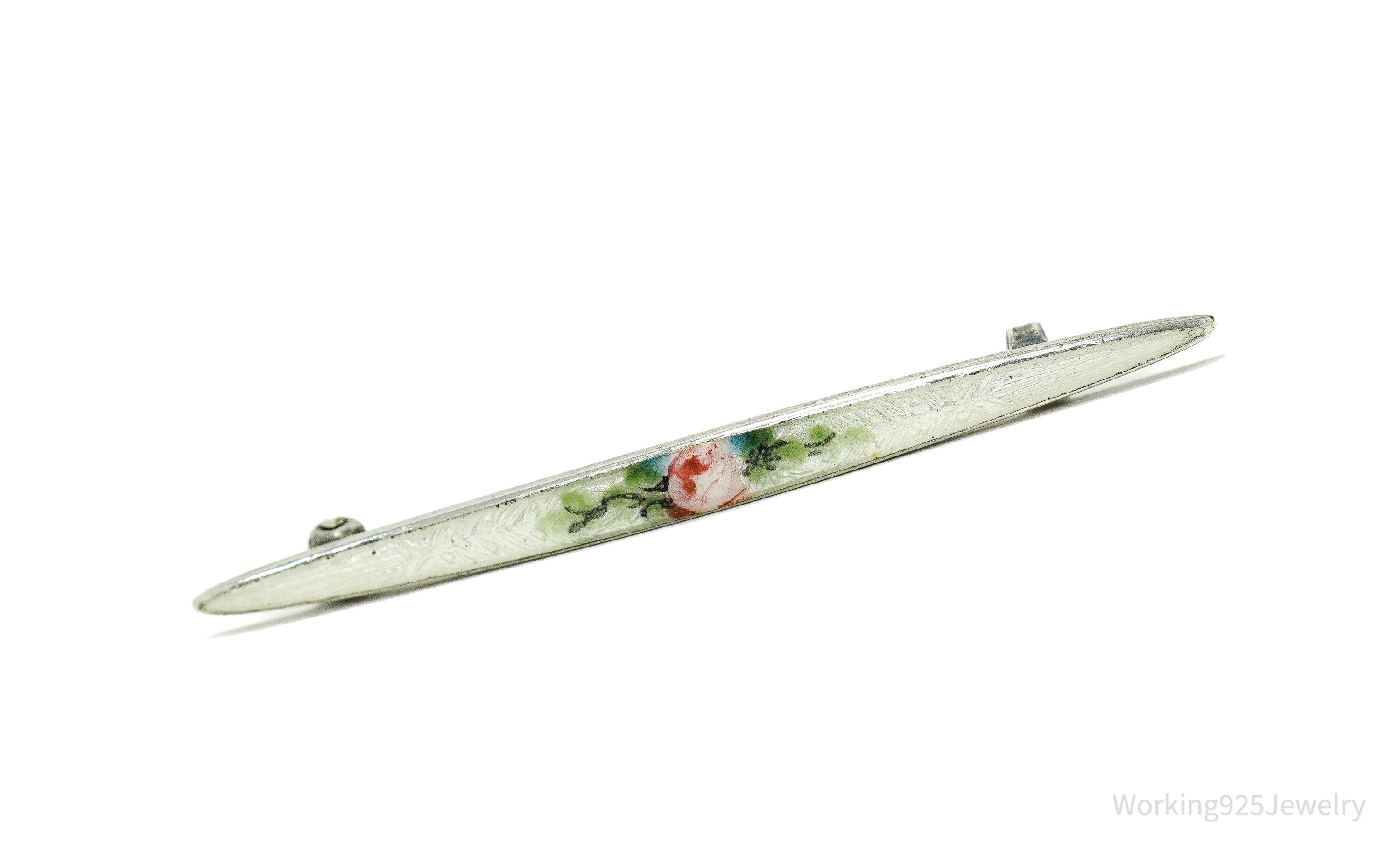 Antique Victorian Rose Guilloche Enamel Sterling Silver Brooch Pin