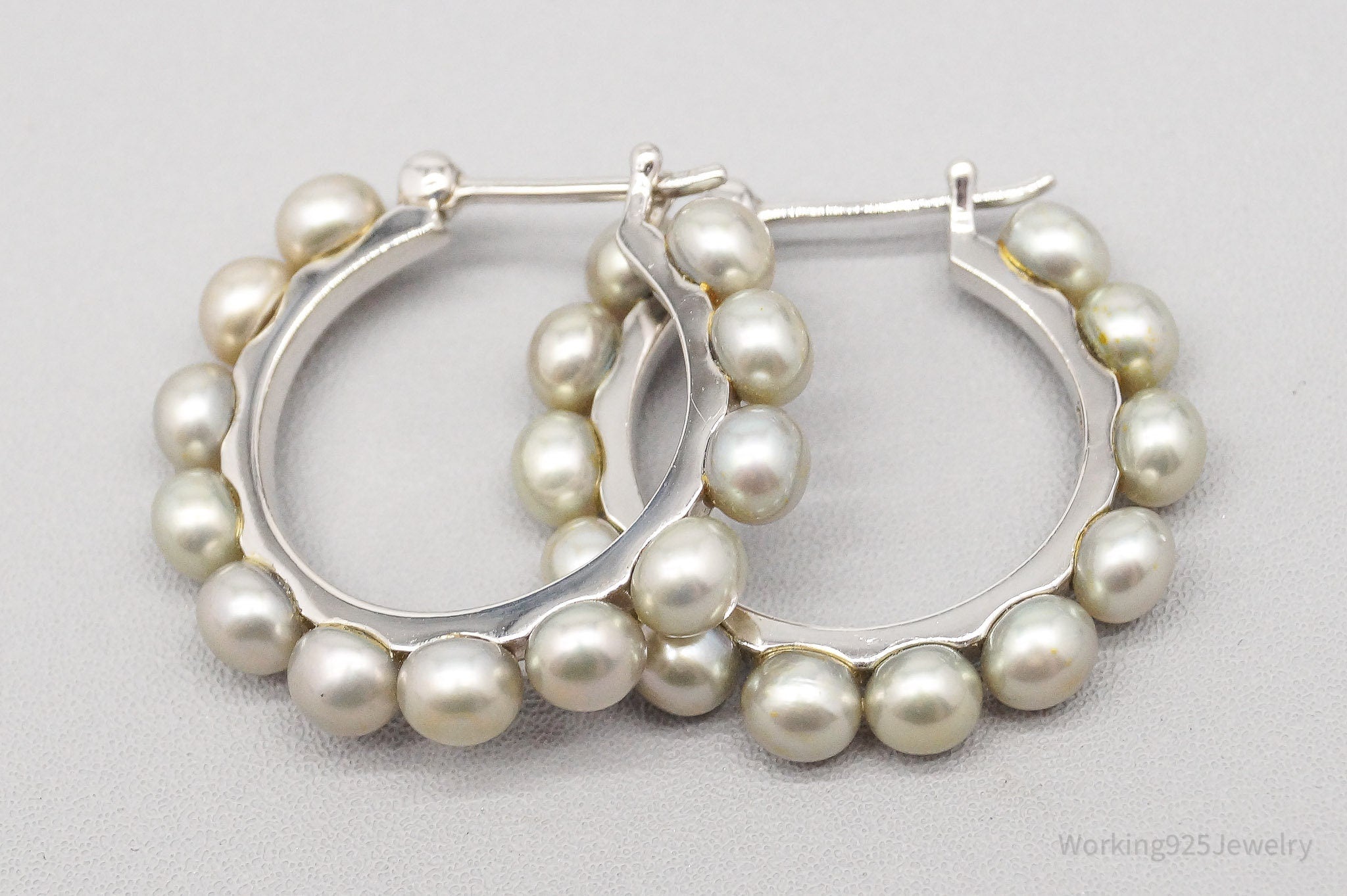 Vintage Pearl Sterling Silver Hoop Earrings