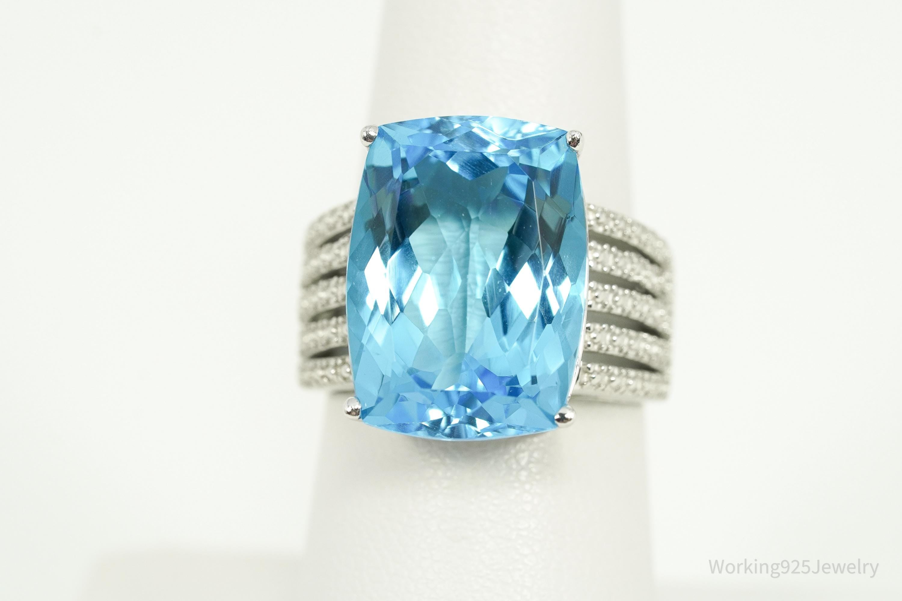 Vintage Large Blue Topaz Sterling Silver Ring - Size 7
