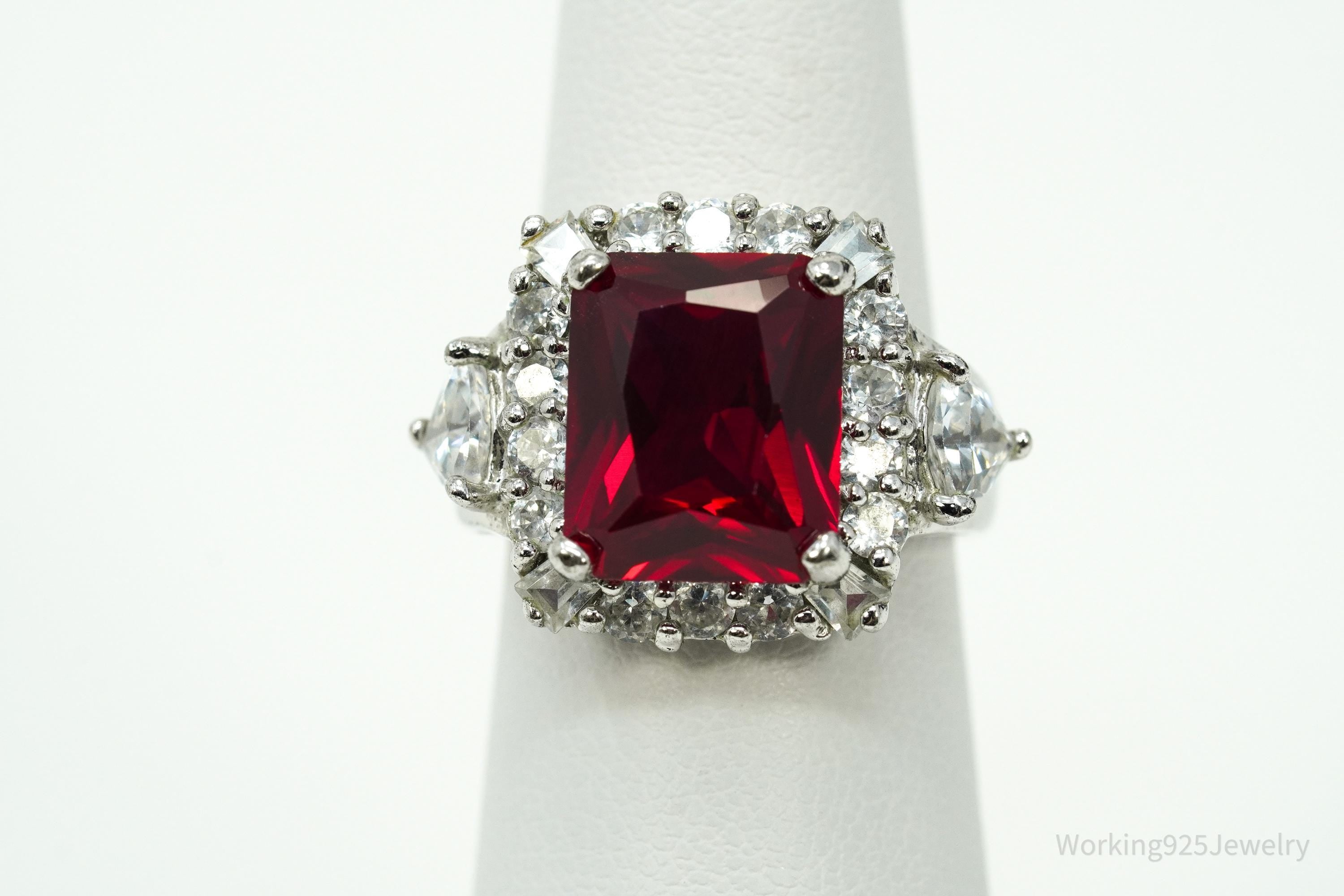 Vintage Lab Ruby & Cubic Zirconia Sterling Silver Ring - Size 6