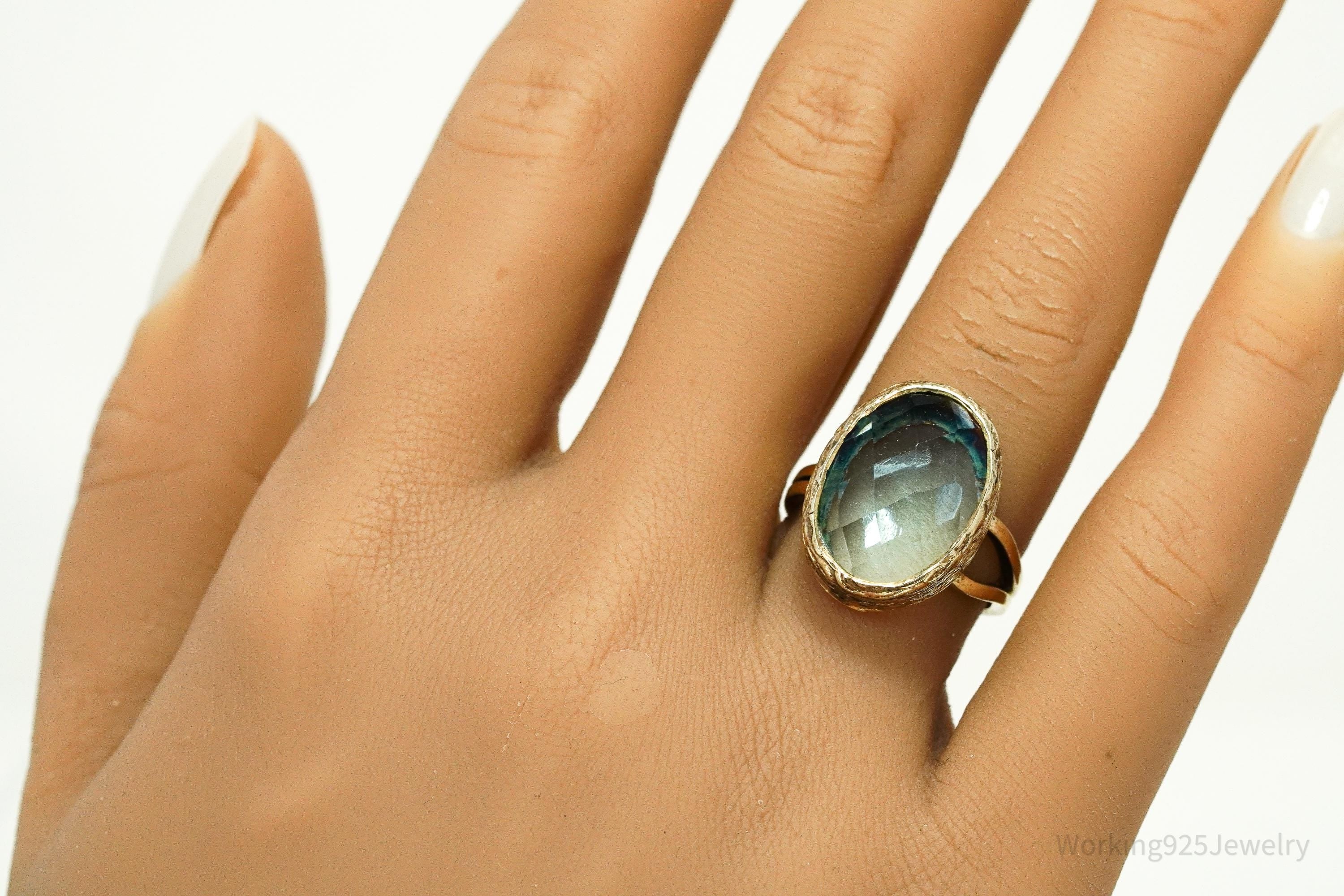 Vintage Blue Stone Gold Vermeil Sterling Silver Ring - Size 6.75 Adjustable