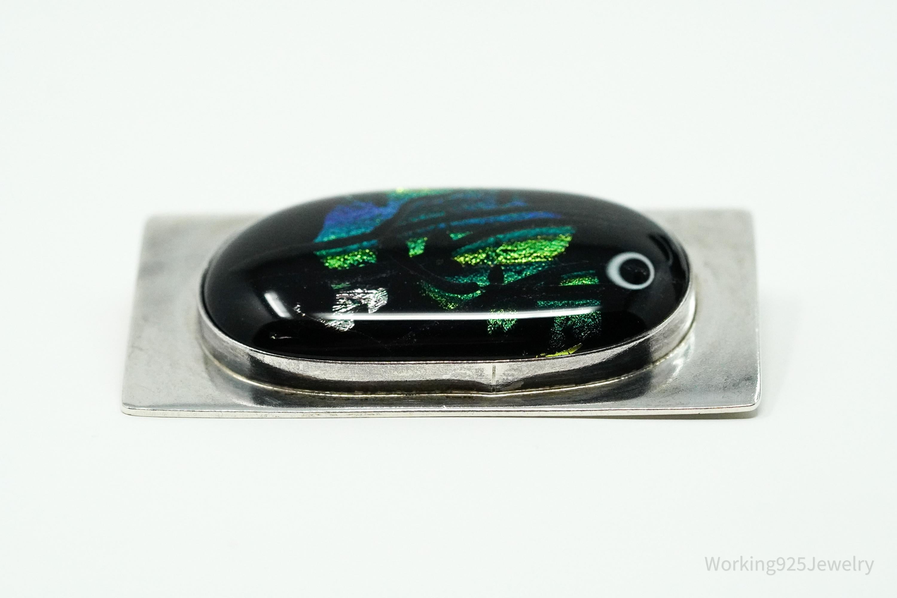 Vintage Large Dichroic Glass Sterling Silver Brooch Pin Pendant