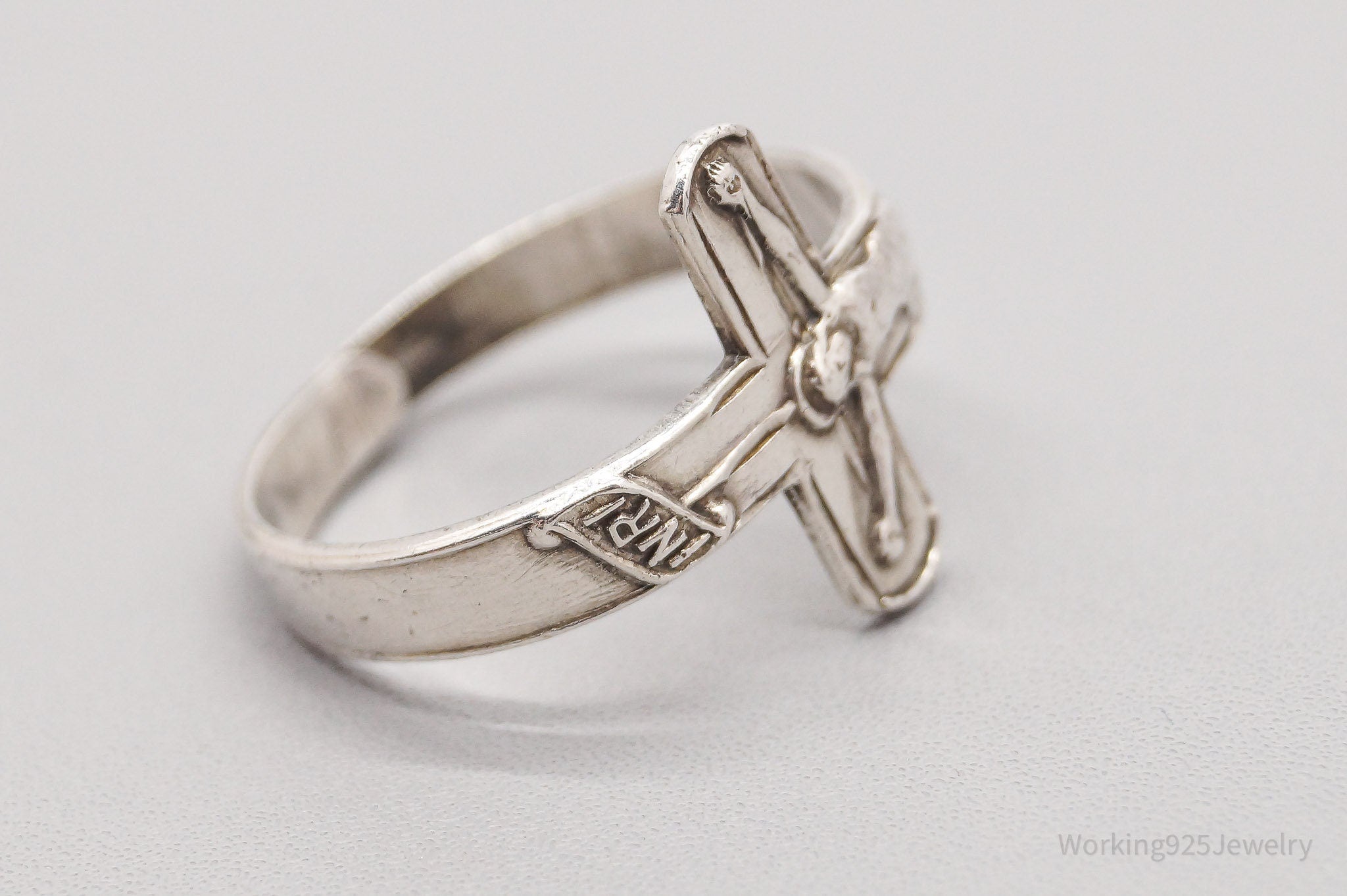 Vintage Crucifix Cross Sterling Silver Band Ring - Size 8.75 Adjustable