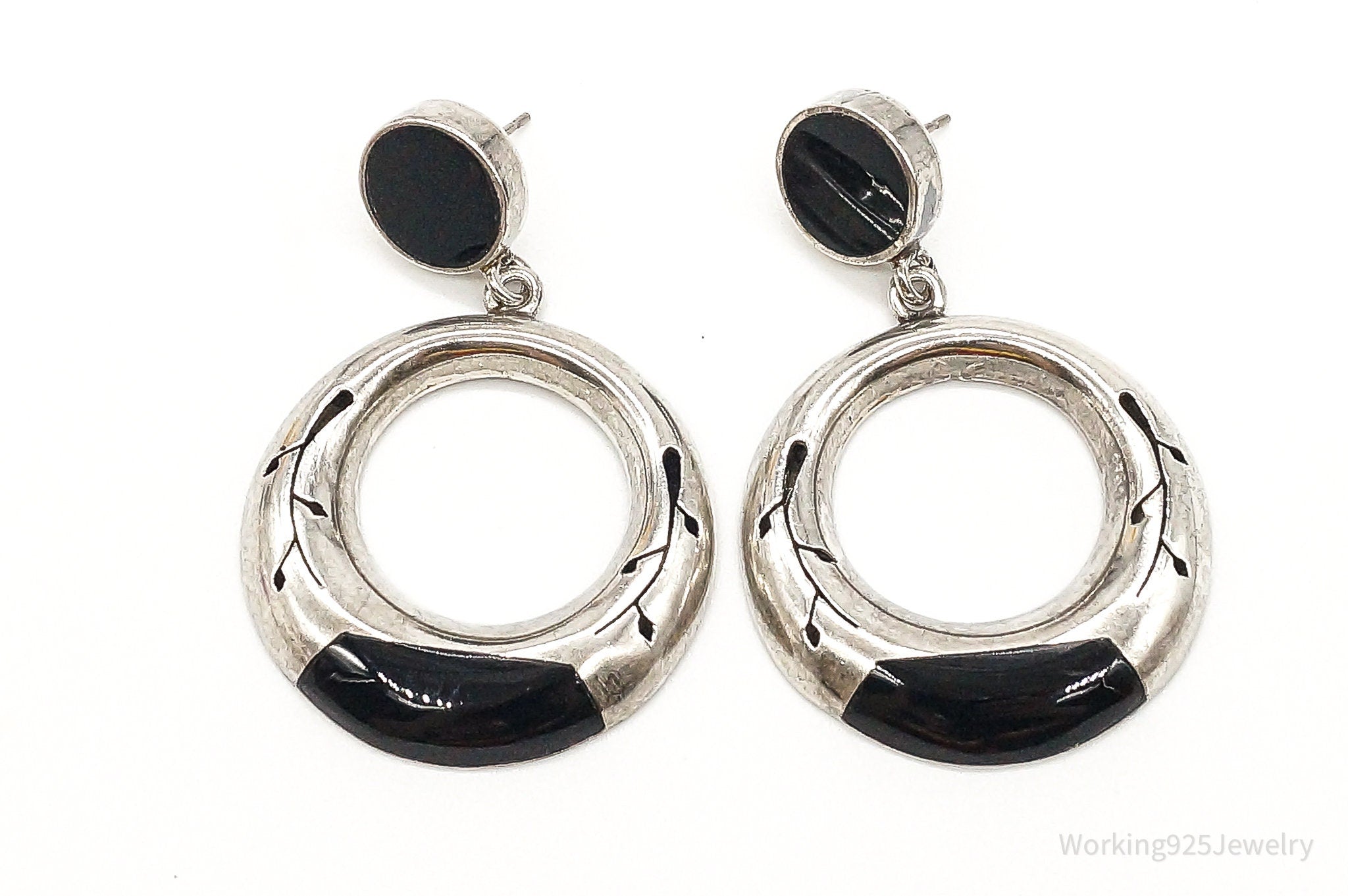 Vintage Mexico Black Onyx 950 Silver Southwestern Style Earrings