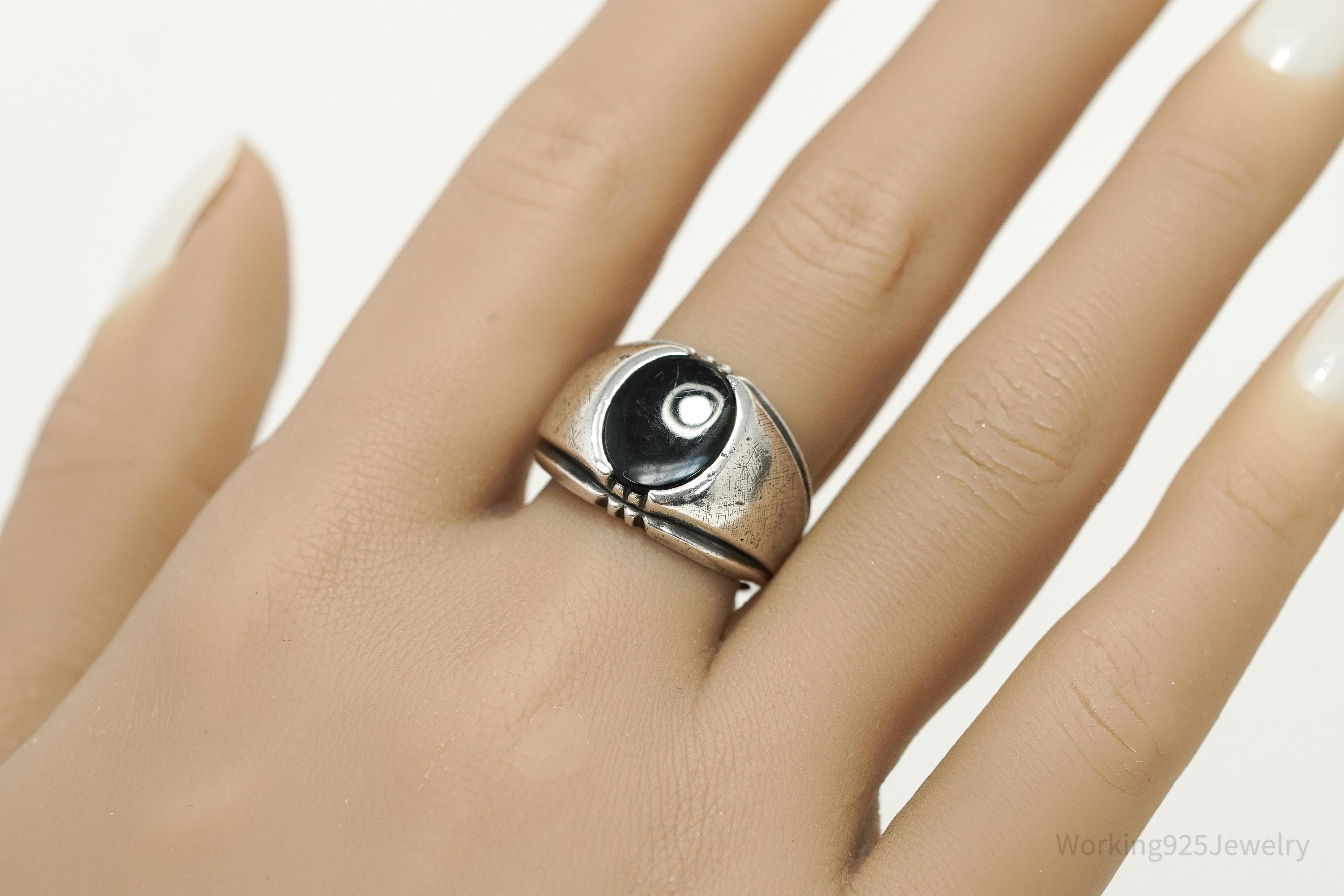 Antique Designer Clark & Coombs Black Onyx Sterling Silver Ring - Size 8.75