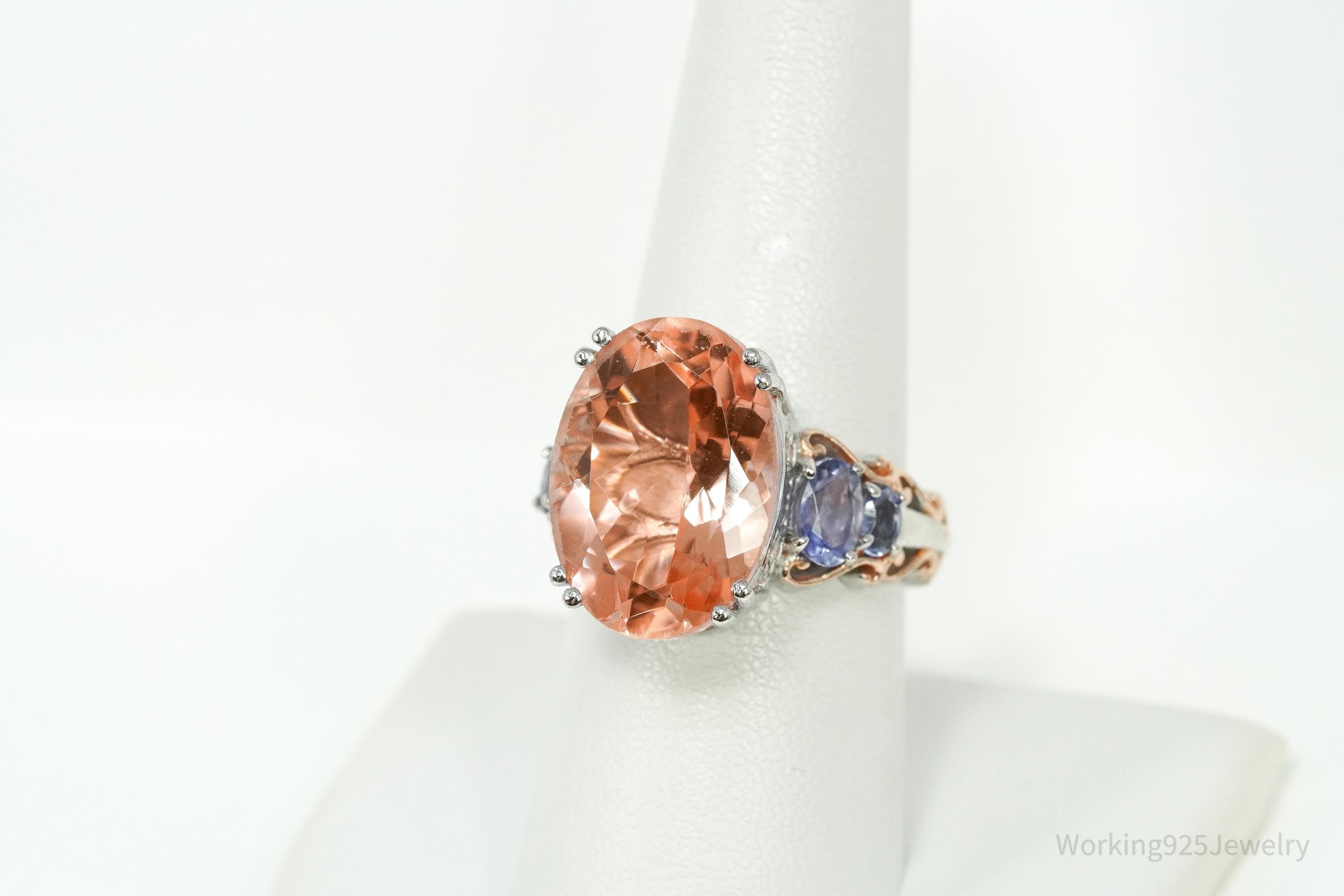 Vintage Chuck Clemency Peach Quartz & Iolite Rose Gold Plated Sterling Silver Ring - Size 8.25