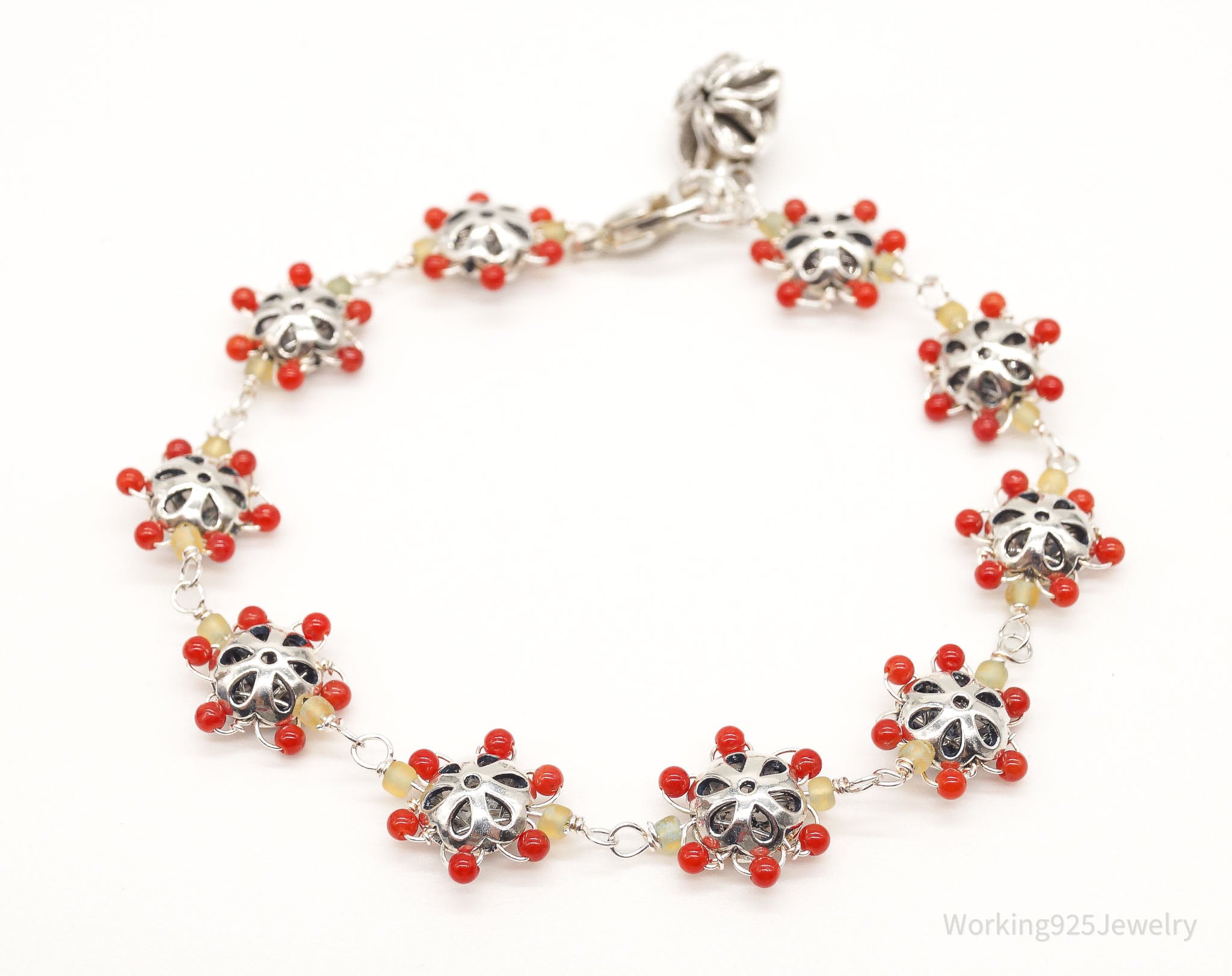 Vintage Intricate Glass Beads Flowers Sterling Silver Bracelet