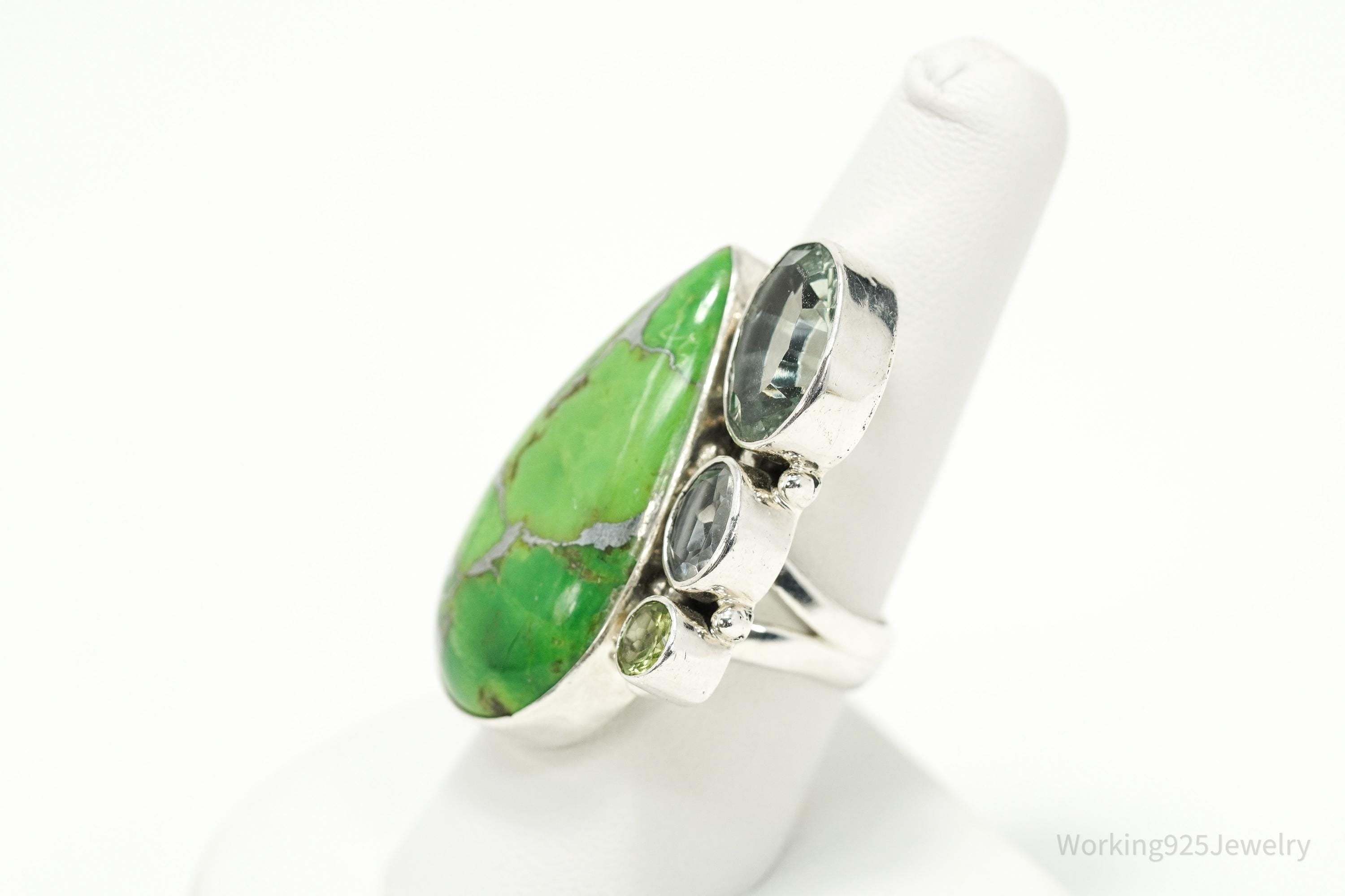 Vintage Green Mojave Turquoise Multi Gemstone Sterling Silver Ring - Size 8.5