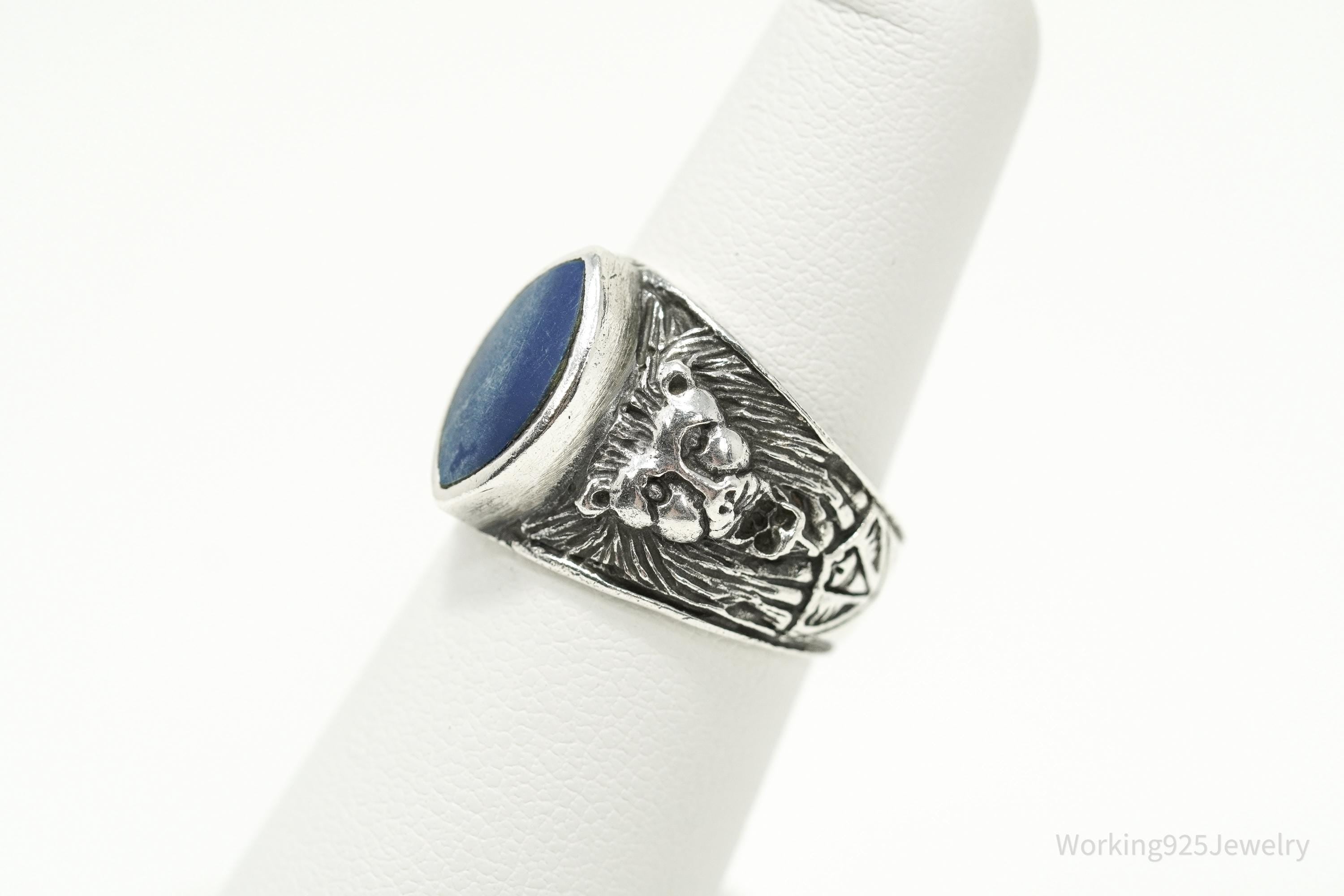 Vintage Blue Lapis Lazuli Lion Head Sterling Silver Ring - Size 6.5
