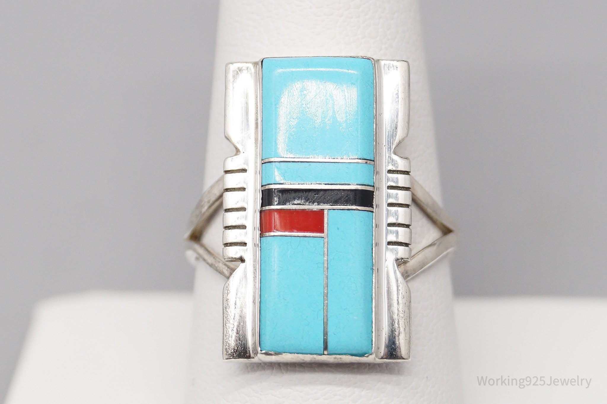 Vintage Native American Multi Gem Inlay Sterling Silver Ring - Size 9