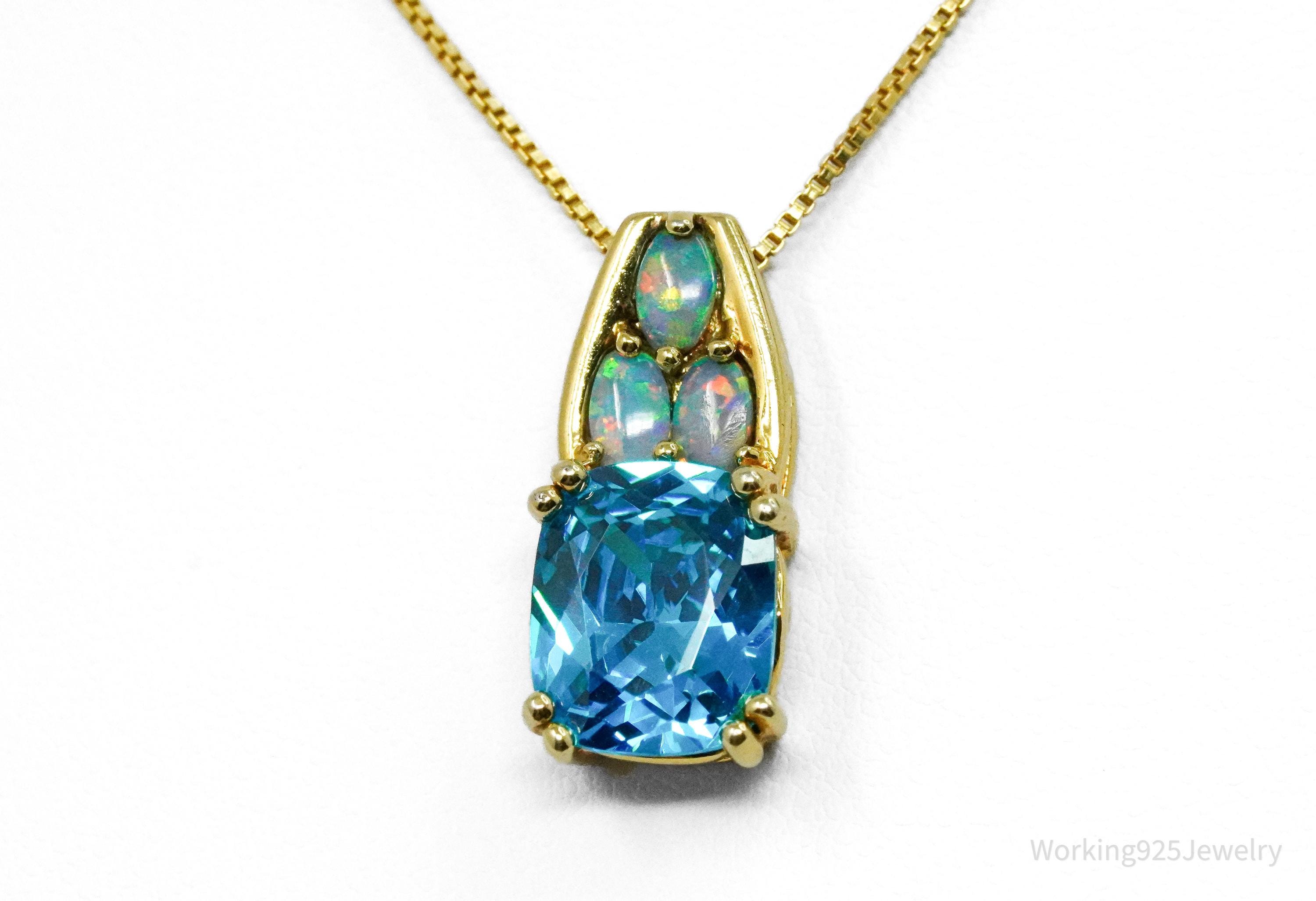 Vintage Blue Tourmaline & Opal Gold Vermeil Sterling Silver Necklace 16"