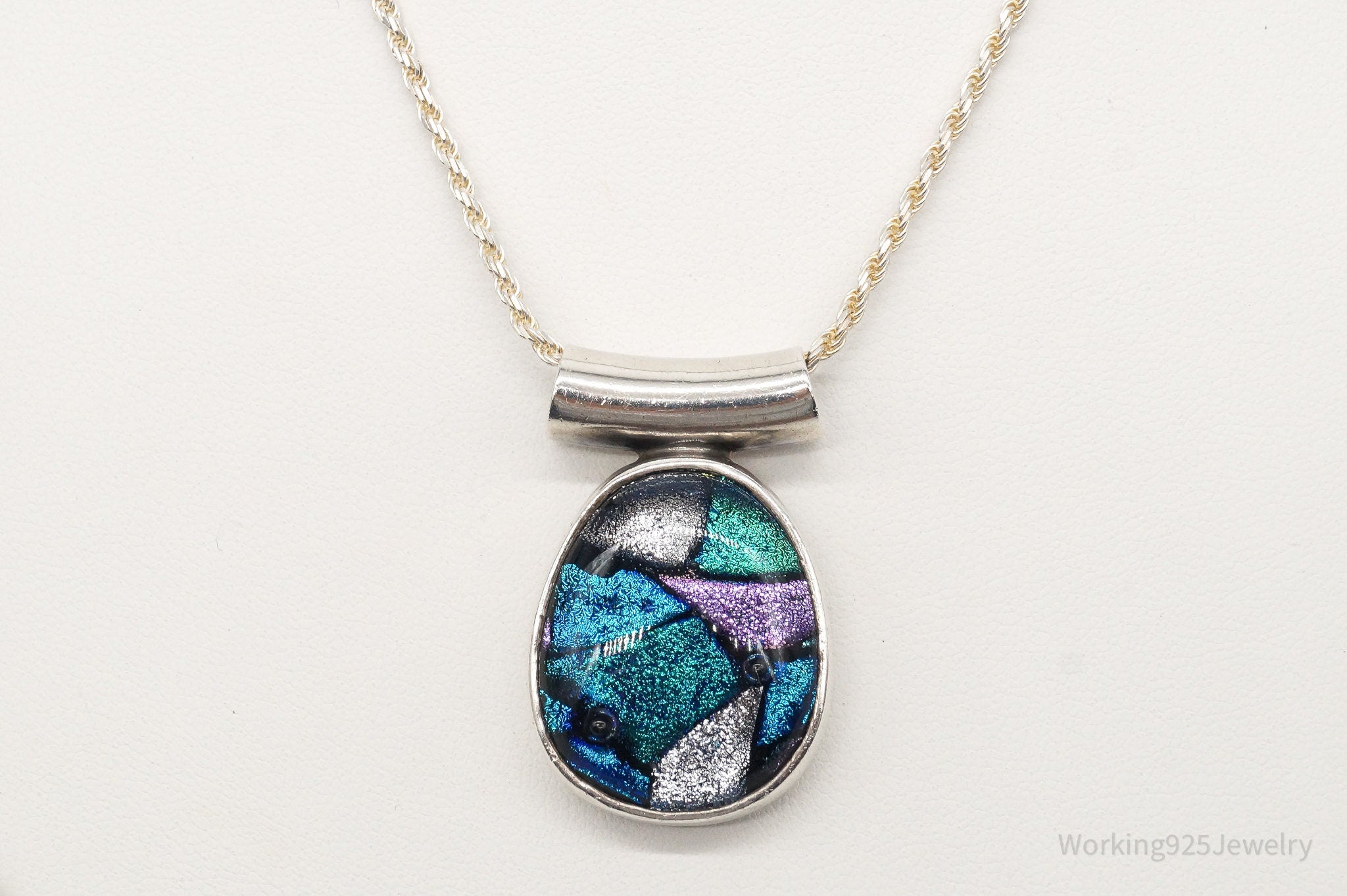 Vintage Large Dichroic Glass Sterling Silver Necklace