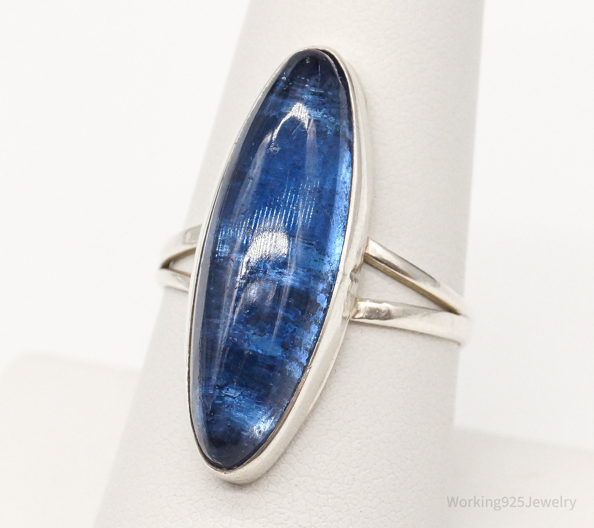 Vintage Mexico Modernist Sleek Blue Glass Sterling Silver Ring - Size 8.25