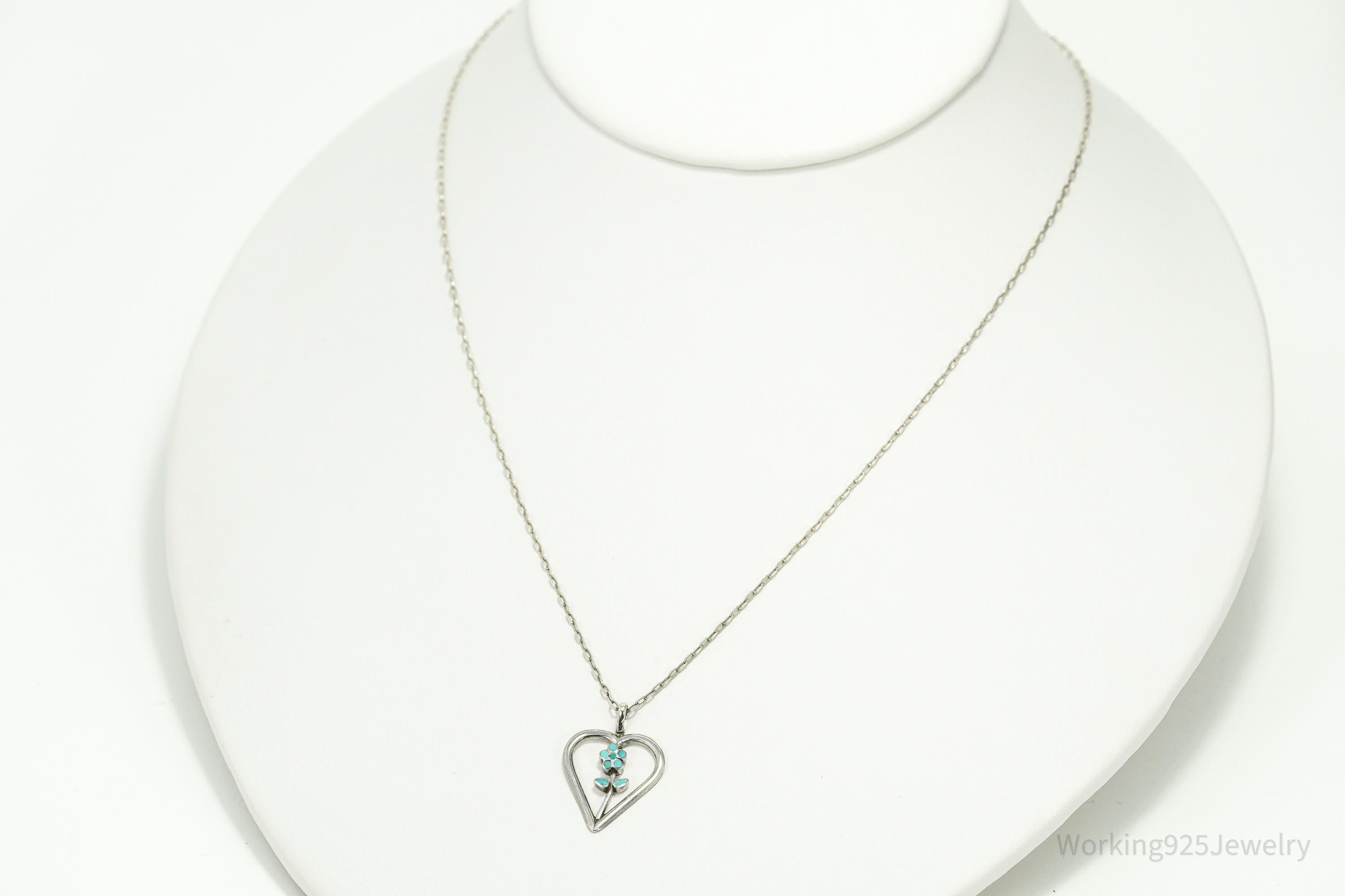 Vintage Turquoise Inlay Flower Heart Sterling Silver Chain Necklace 16"