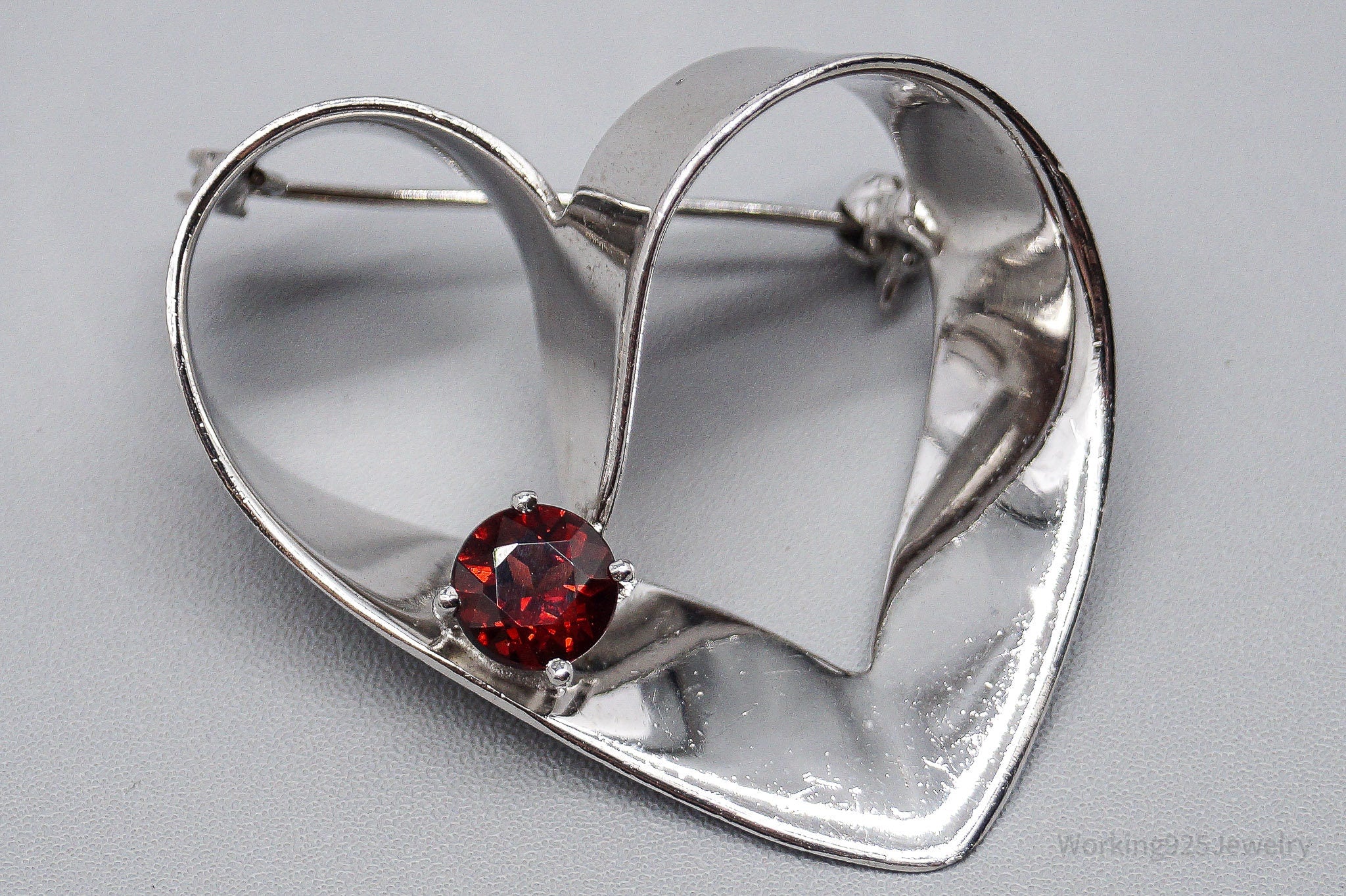 Large Vintage Garnet Heart Sterling Silver Brooch Pin