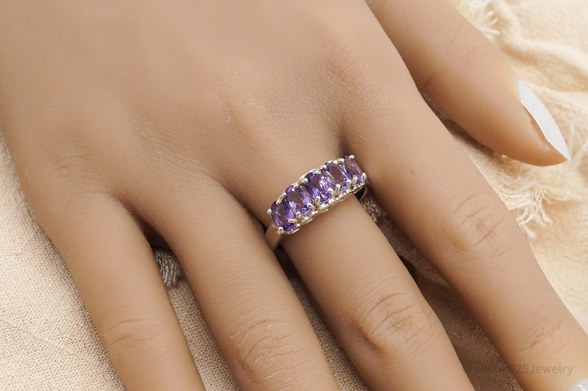 Vintage CNA Amethyst Hearts Designs Sterling Silver Ring - Size 10
