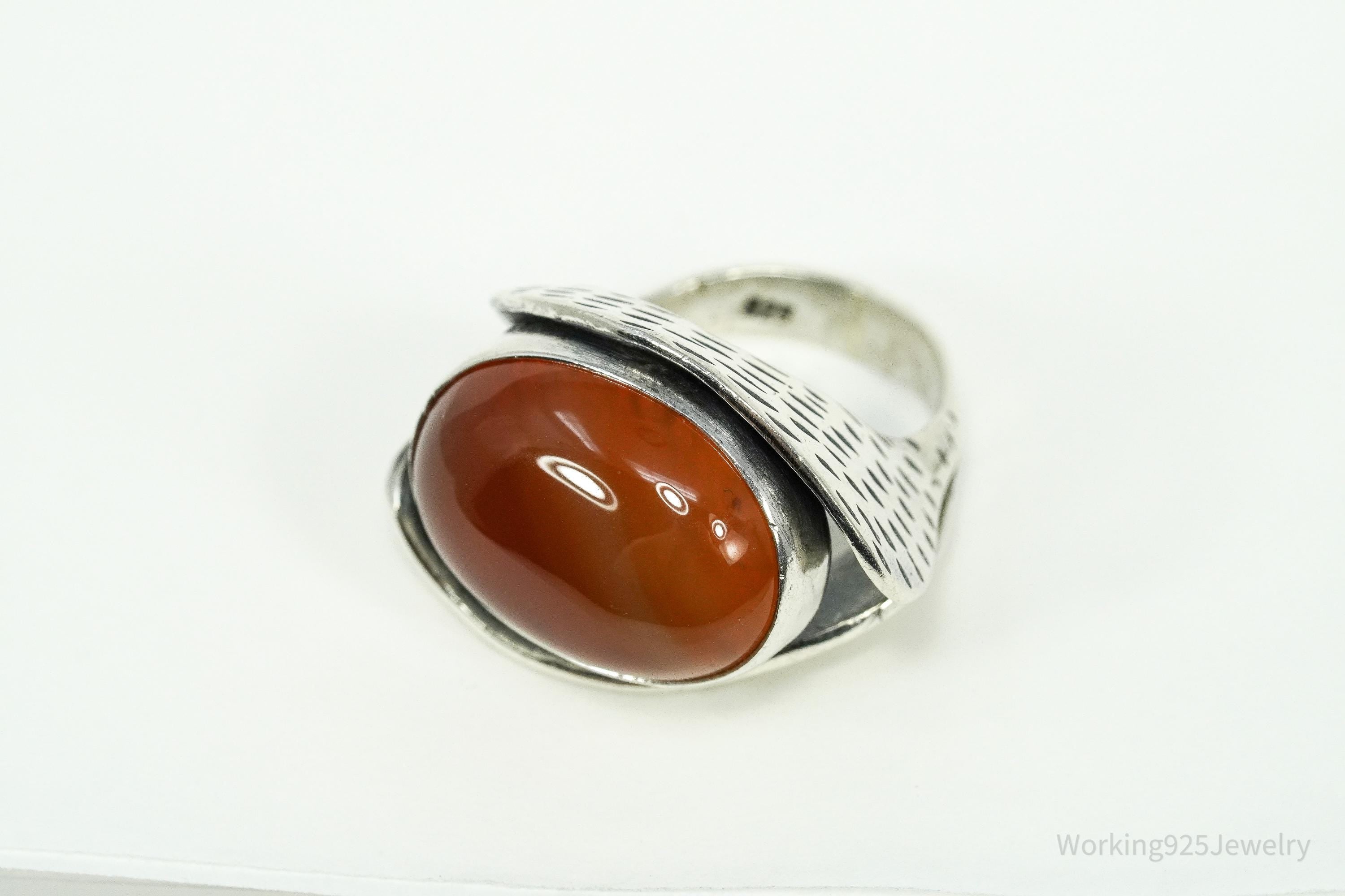 Vintage Large Carnelian Modernist Style Sterling Silver Ring - Size 6.25