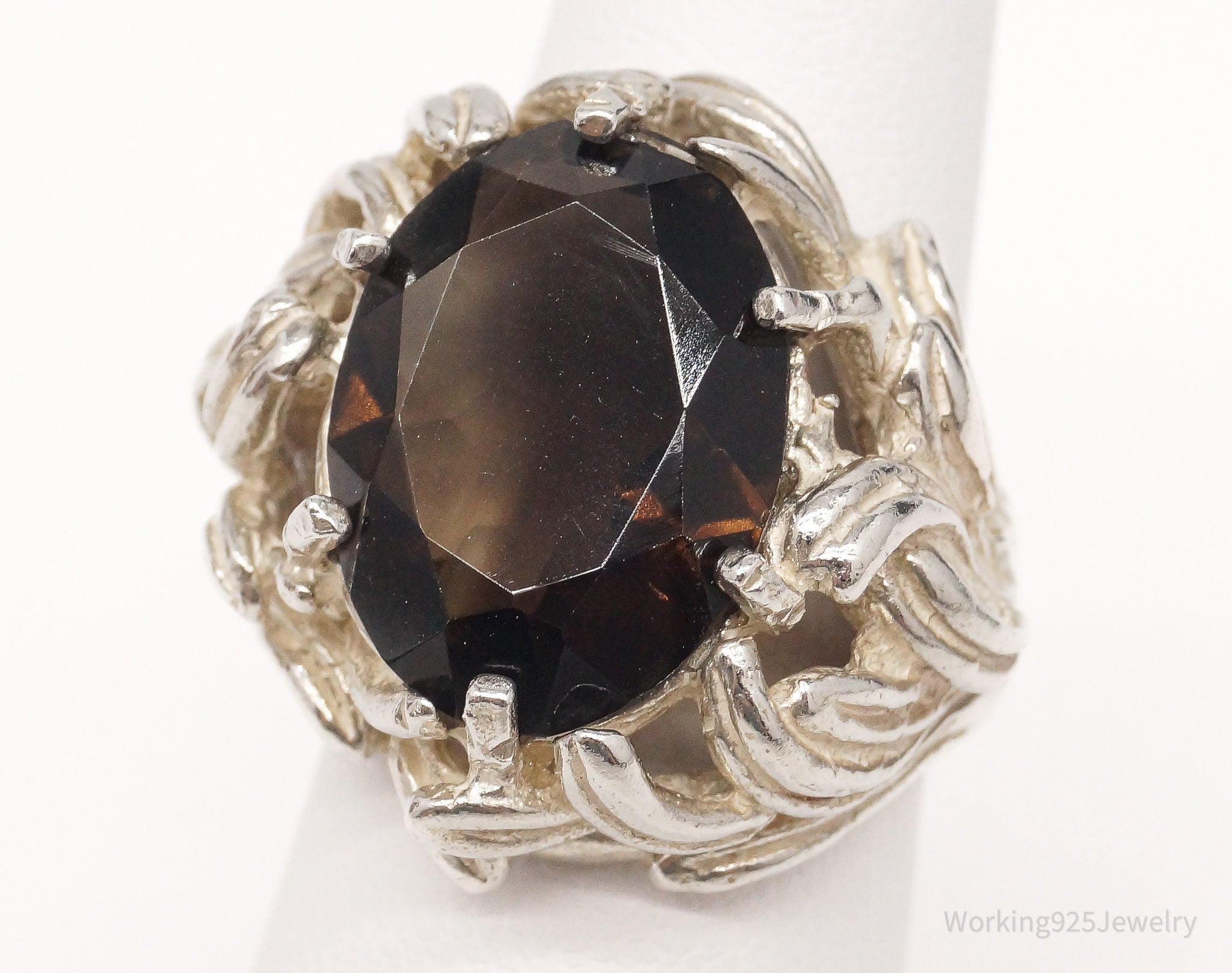 Vintage Mid Century Large Smoky Topaz Silver Ring - Size 5.75