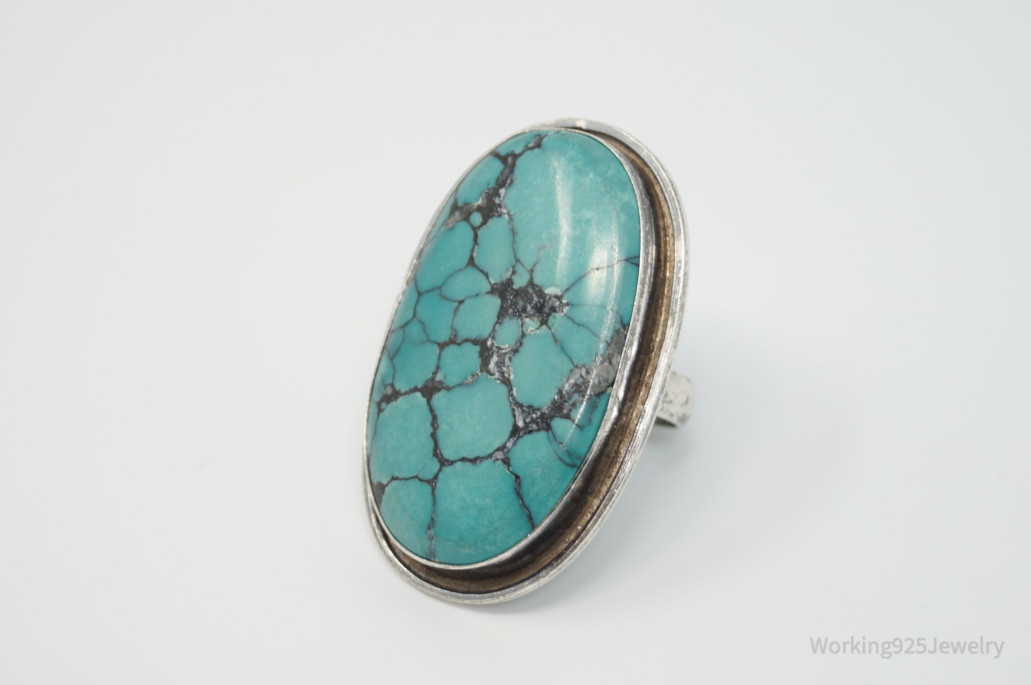 Vintage Native American Unsigned Large Turquoise Sterling Silver Ring - Sz 10.75