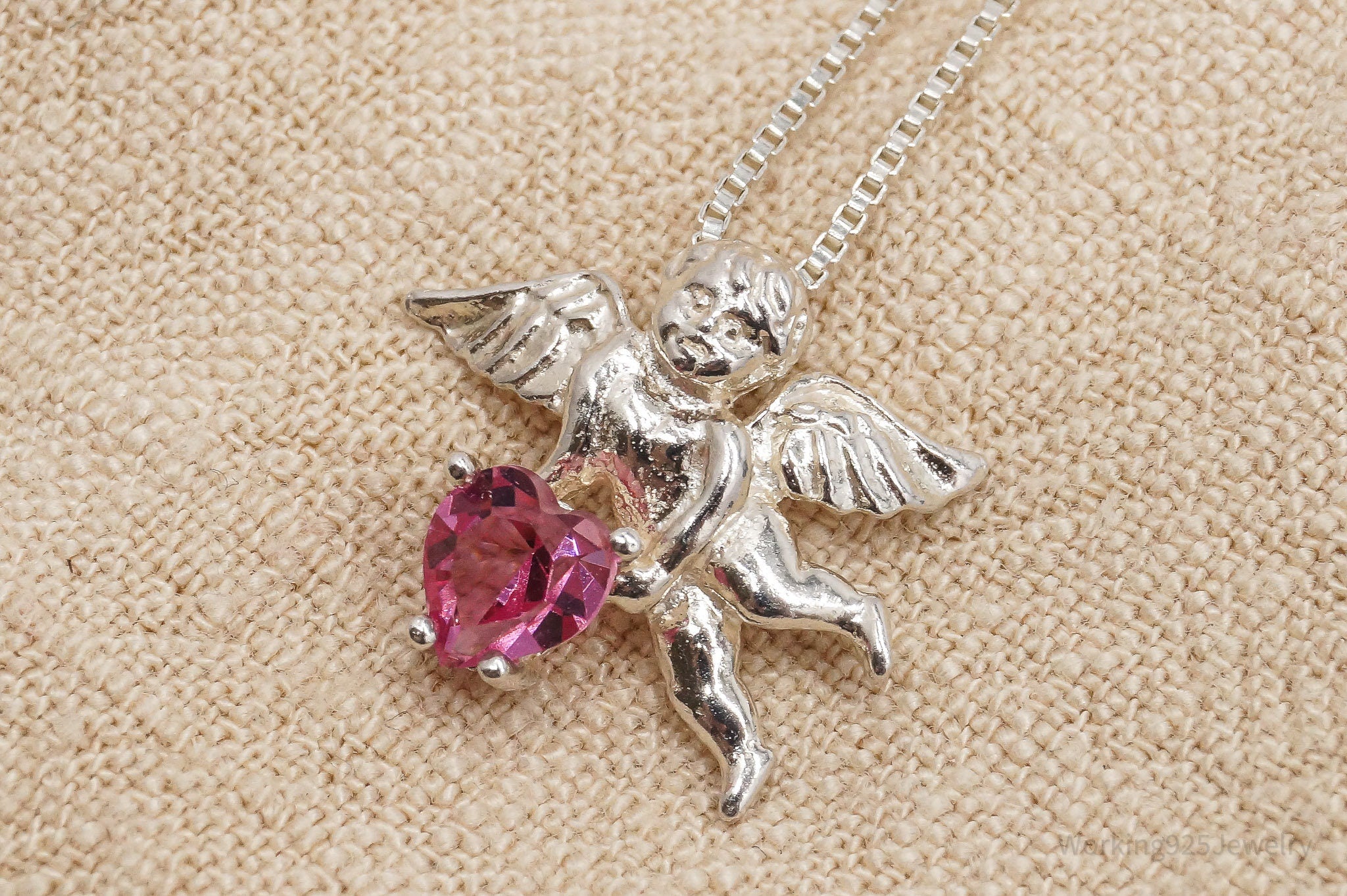 Vintage Angel Cherub Pink Gemstone Sterling Silver Necklace 18"