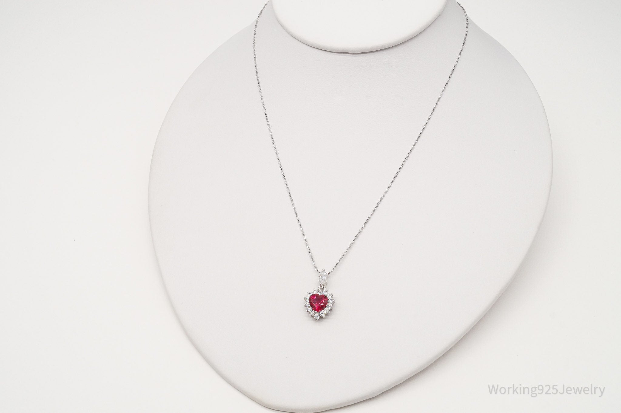 Vintage JJT Ruby Cubic Zirconia Heart Sterling Silver Necklace 18"