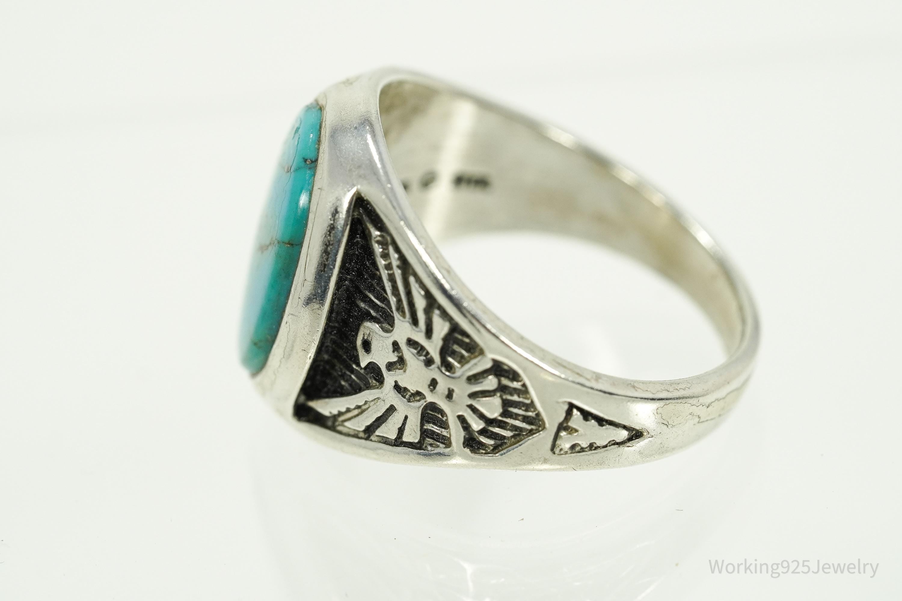 Vintage WMCO Turquoise ThunderBird Design Sterling Silver Ring - Size 15