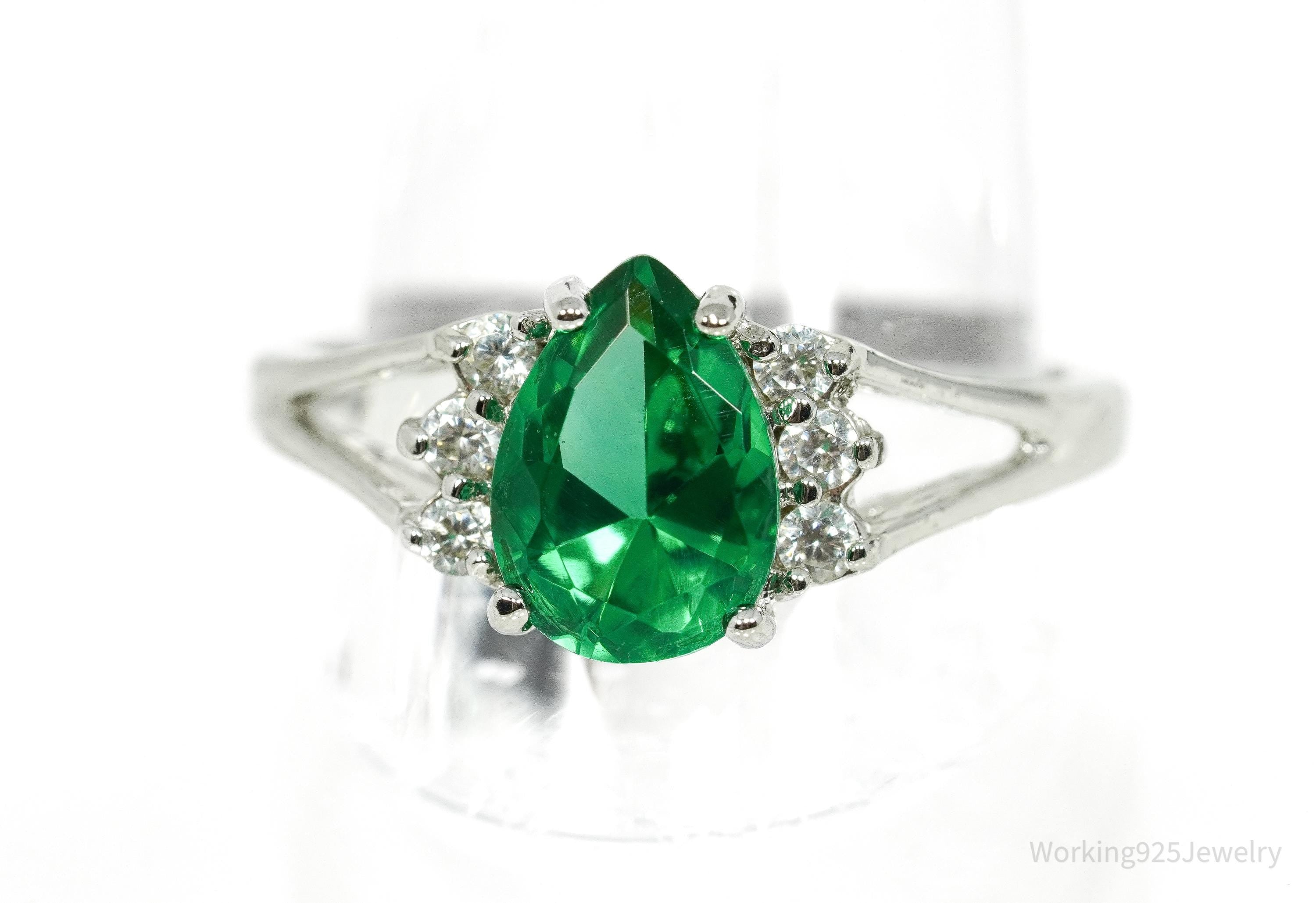 Vintage Faux Emerald Cubic Zirconia Sterling Silver Ring - Size 9.25
