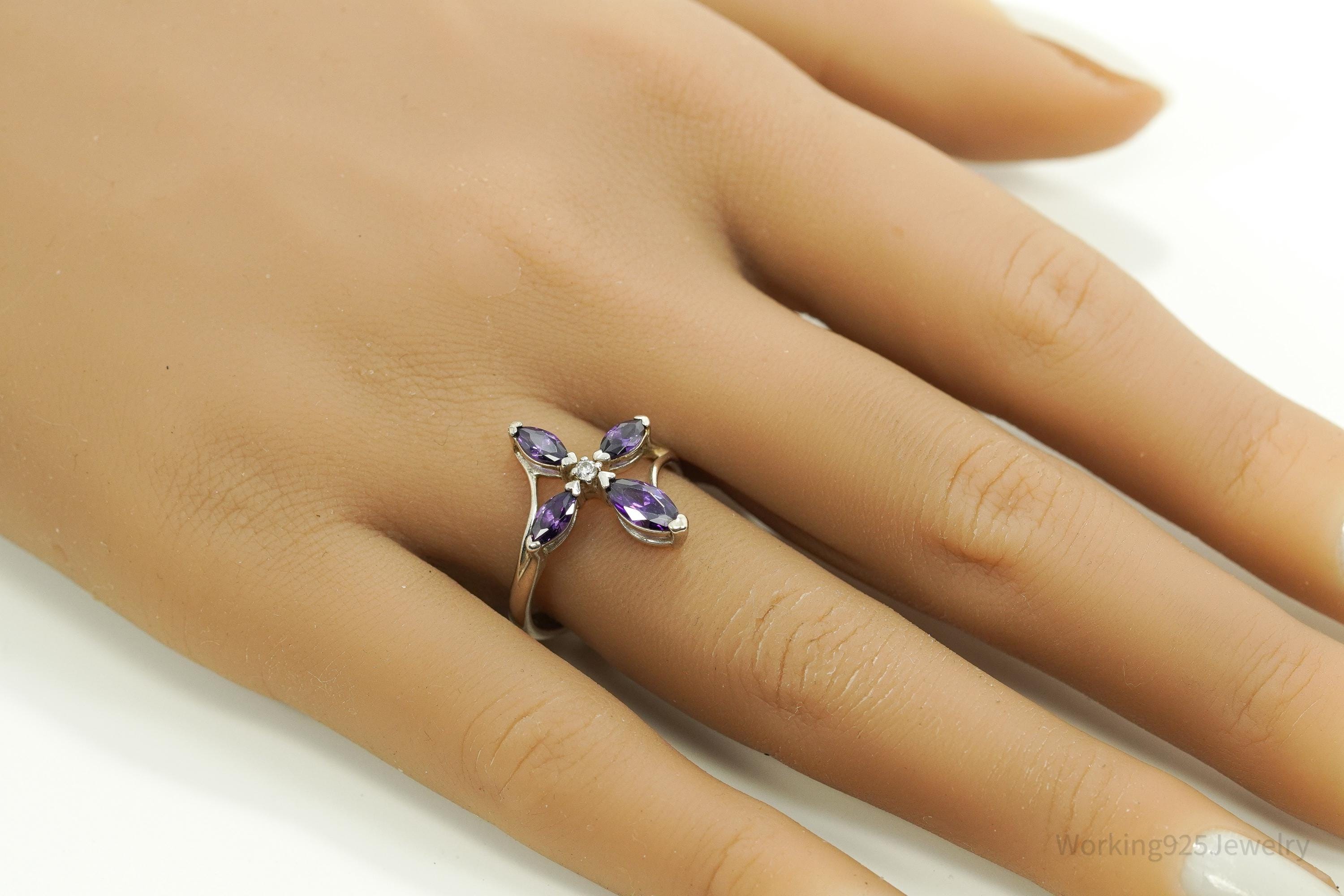 Vintage Amethyst "With God All Things Are Possible" White Sapphire Cross Sterling Silver Ring - Size 8