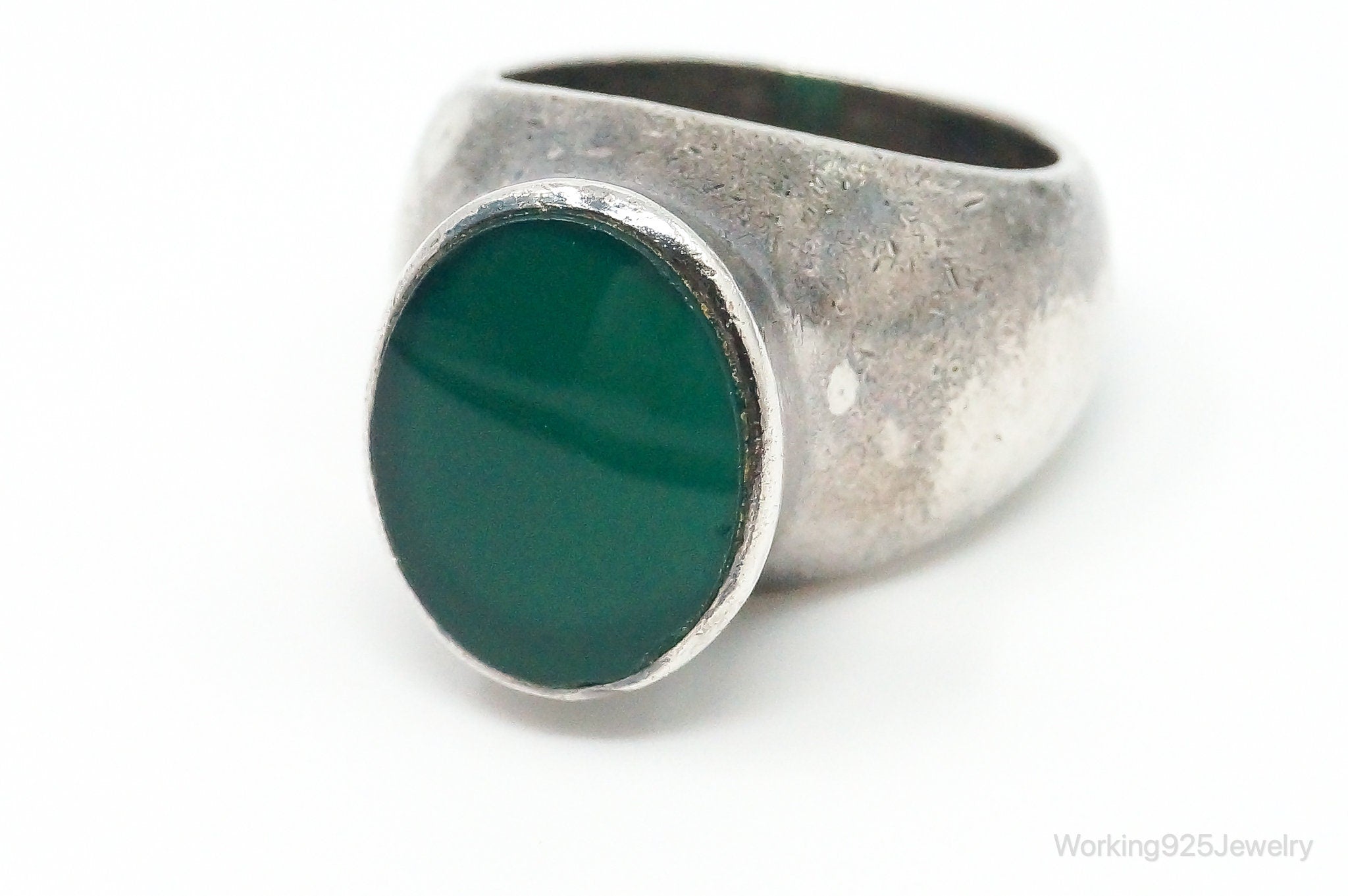 Vintage Tall Green Onyx Modernist Sterling Silver Ring - Size 6.25