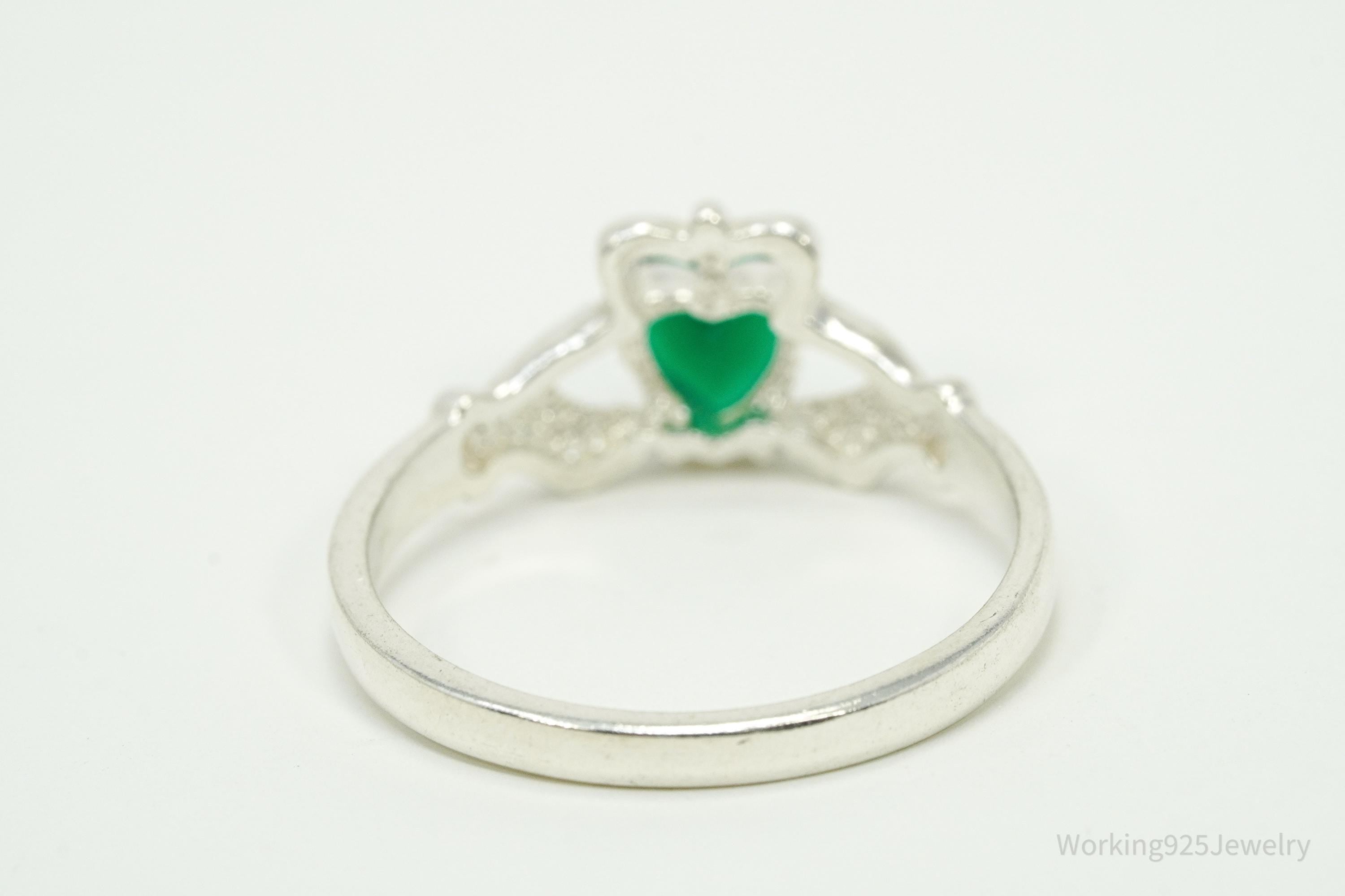 Vintage Green Onyx Heart Claddagh Sterling Silver Ring - Size 9