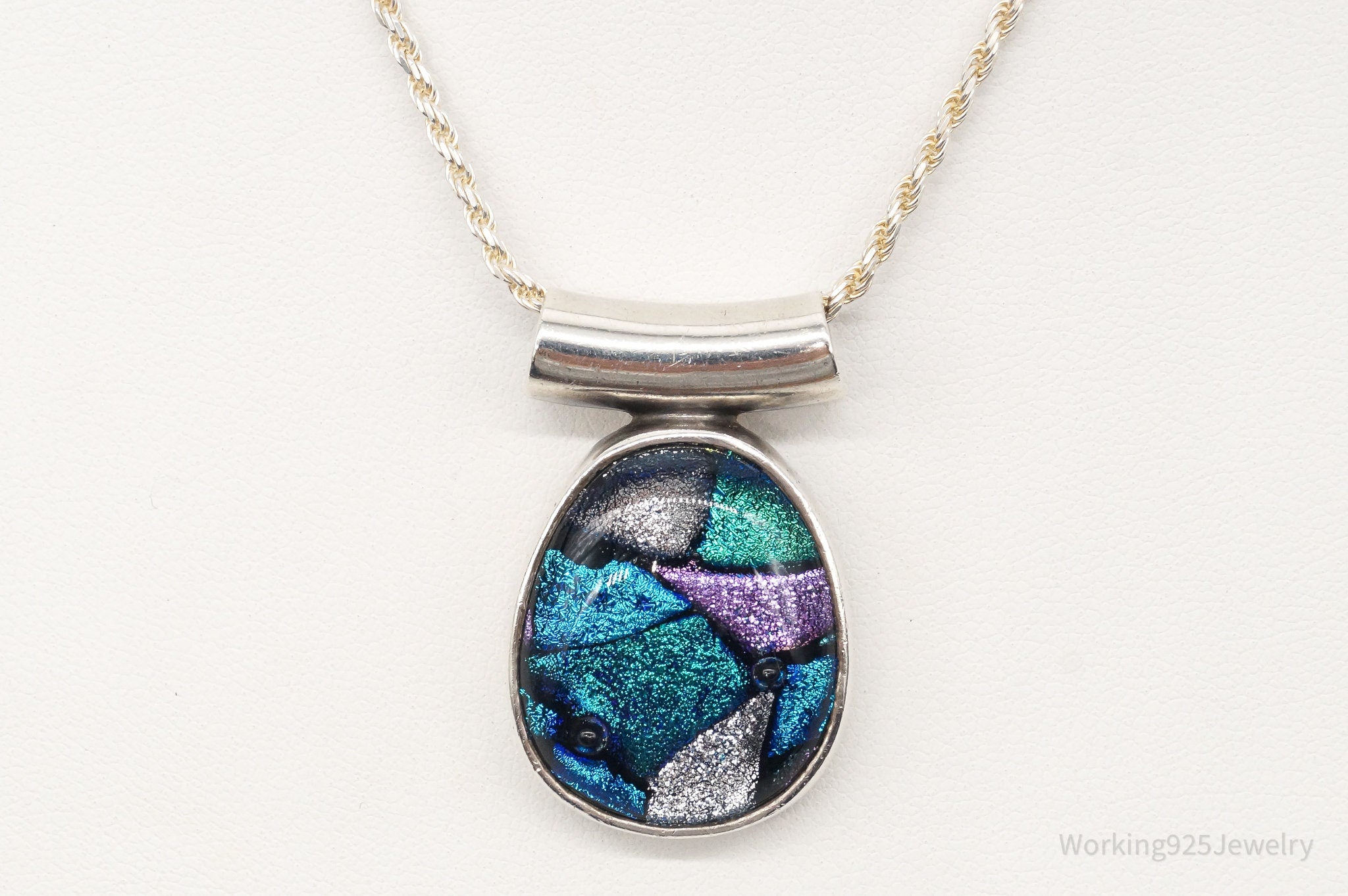 Vintage Large Dichroic Glass Sterling Silver Necklace