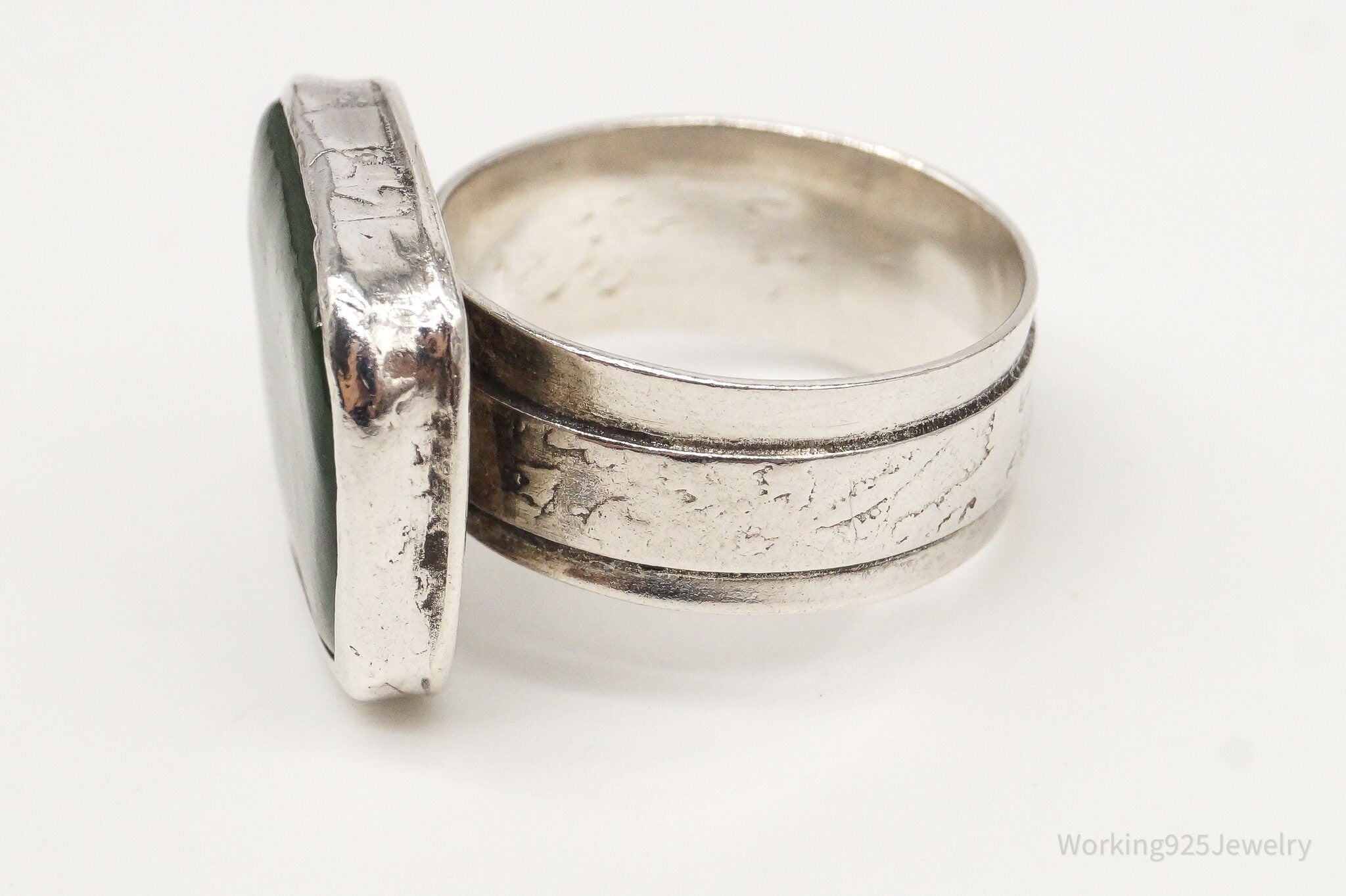 Vintage Green Jade Silver Ring - Size 4.75