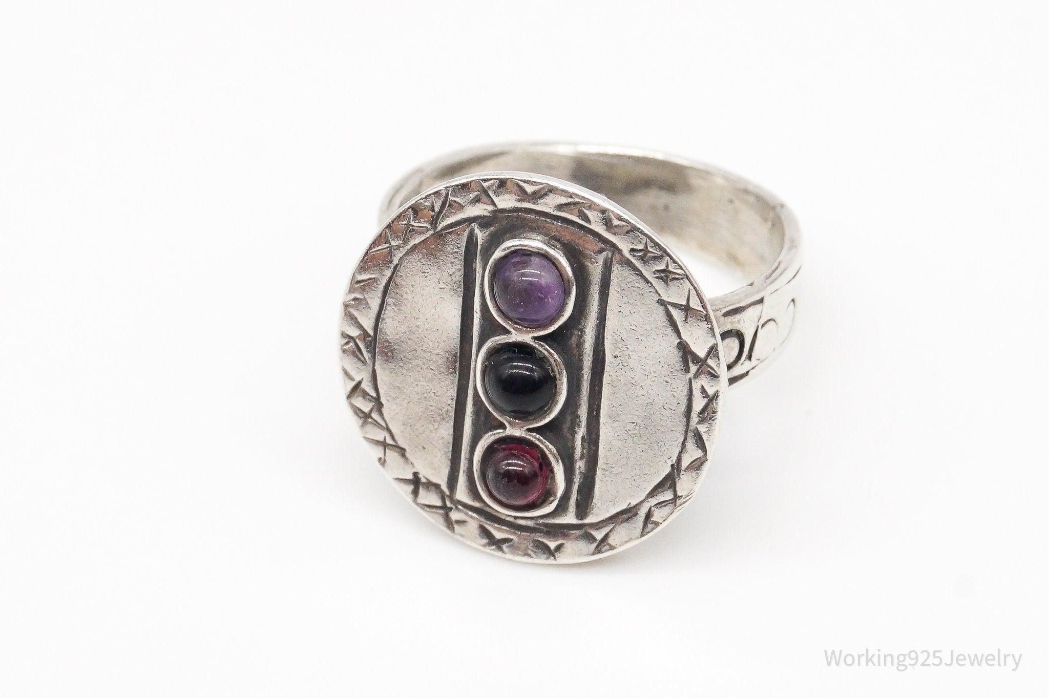 Vintage Rhodolite Garnet Amethyst Black Onyx Sterling Silver Ring - Size 6.75