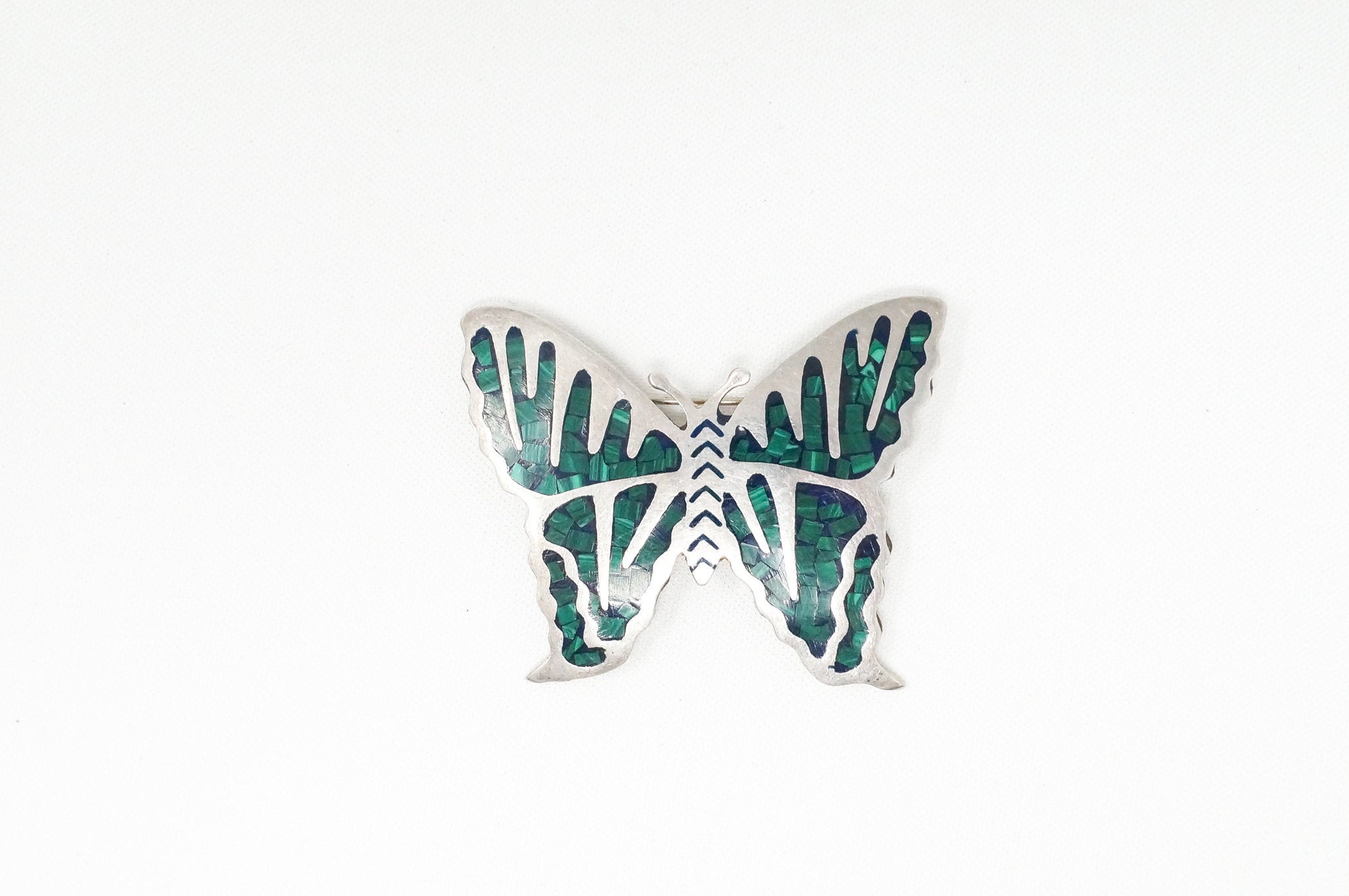 Vintage Taxco Mexico Malachite Butterfly Sterling Silver Brooch Pin