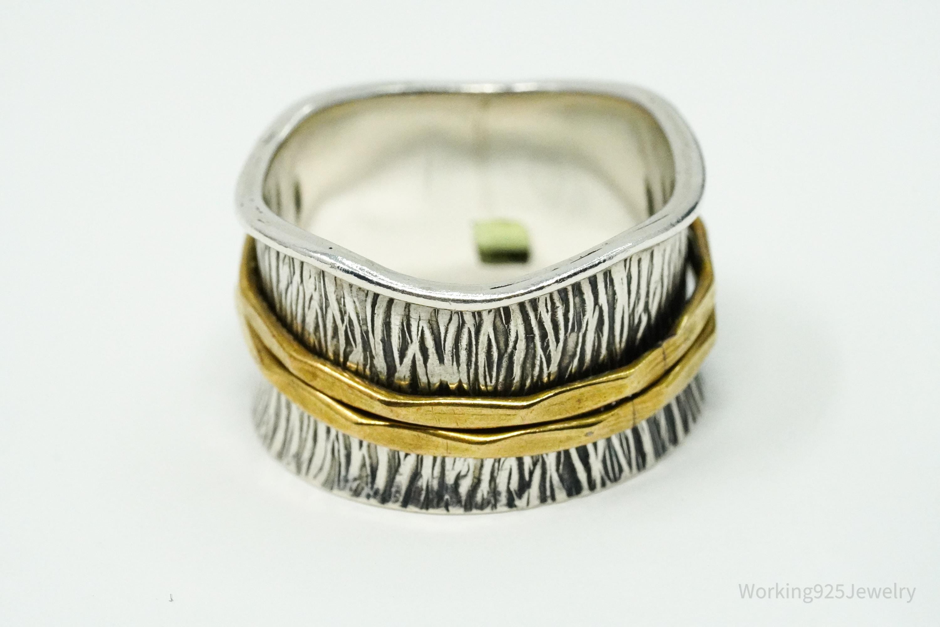 Vintage Peridot Brass Sterling Silver Spinner Band Ring- Size 10.75